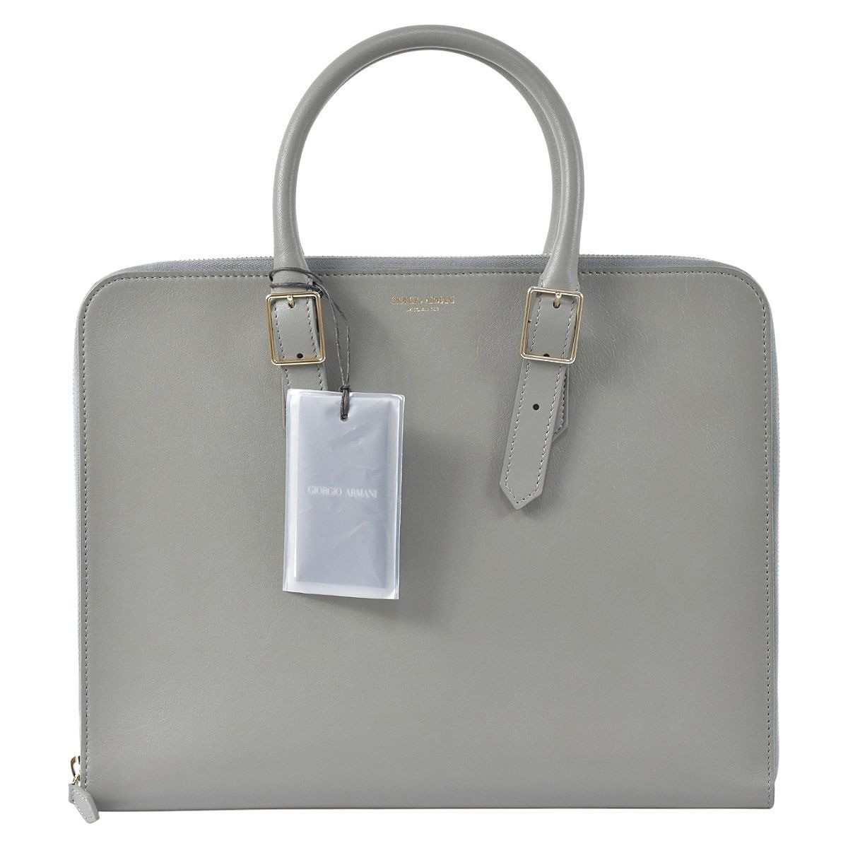 GIORGIO ARMANI Briefcase Slim Gray Leather Business Bag Unused 10×13×1.2in