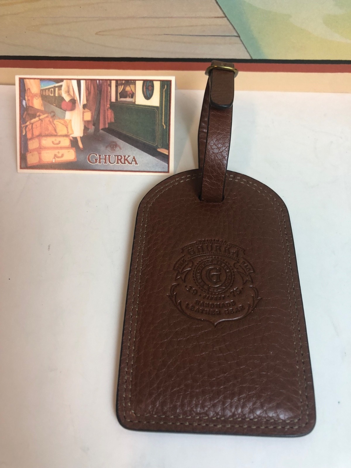 Original Ghurka Collection No. GA 100 ID Luggage Tag Vintage Chestnut Leather