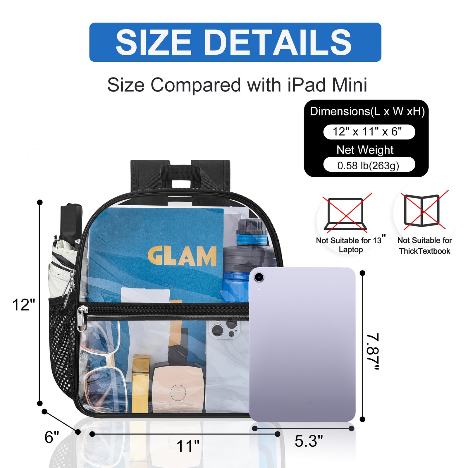 Clear Backpack Stadium Approved, 12 x 6 x 11 in, Small Transparent Backpack f…