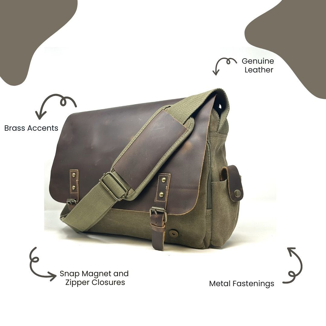 R&R Leather: Genuine Leather and Canvas Laptop Messenger Bag – Olive Green