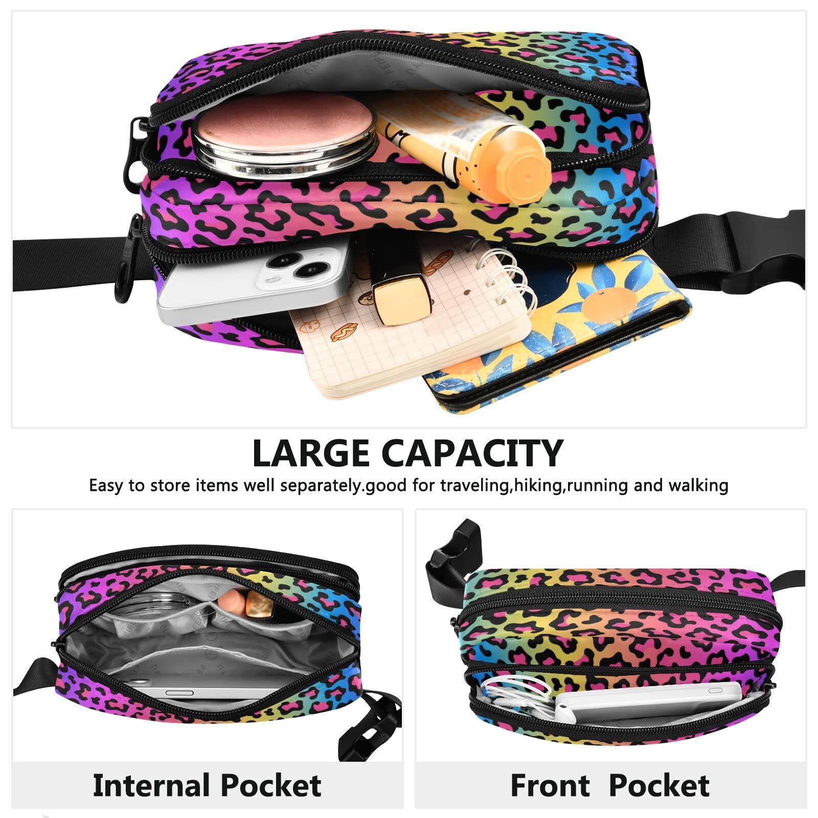 Rainbow Colored Leopard Print Belt Bag for Women Men Fanny Pack Small Waist P…