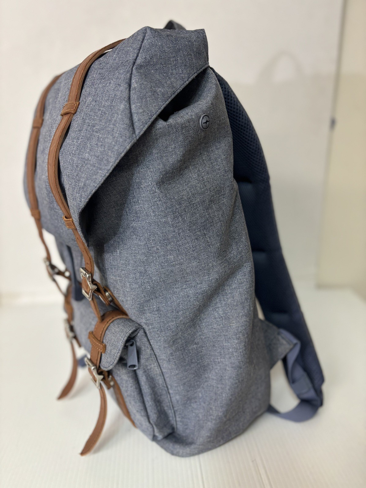 Herschel Supply Company Blue Canvas Backpack with Brown Leather Straps