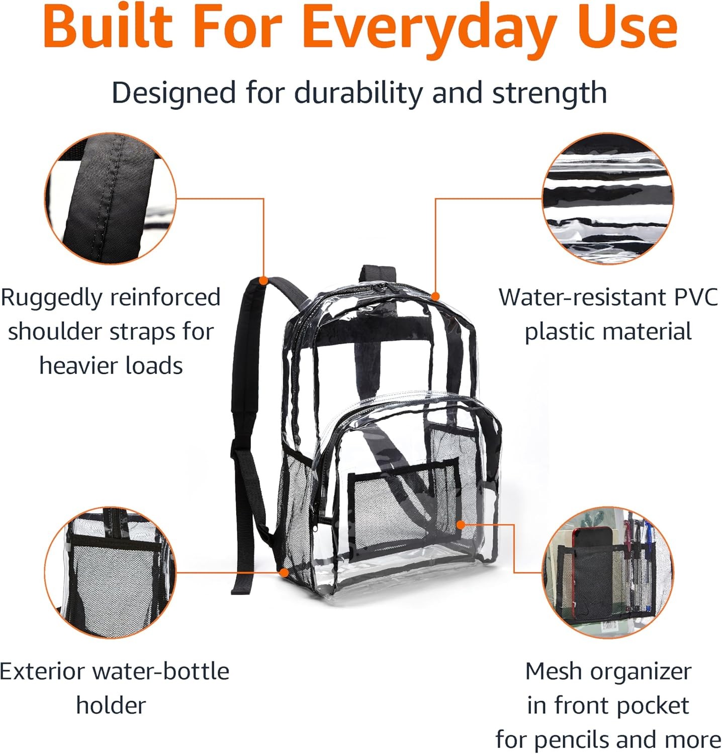 Transparent Clear School Backpack Water-Resistant PVC Plastic 17 X 7 X 13 In