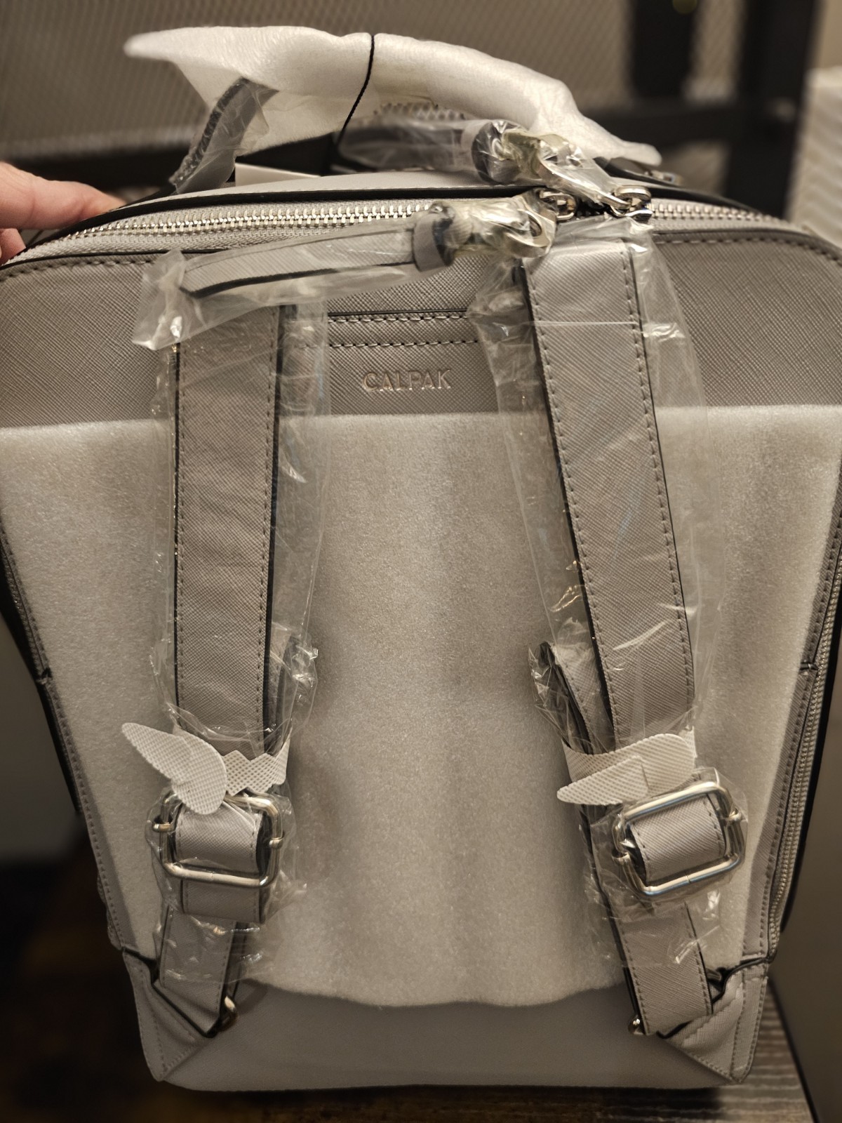CALPAK Gray Backpack Travel Zip Closure Solid Adjustable Strap Dust Bag