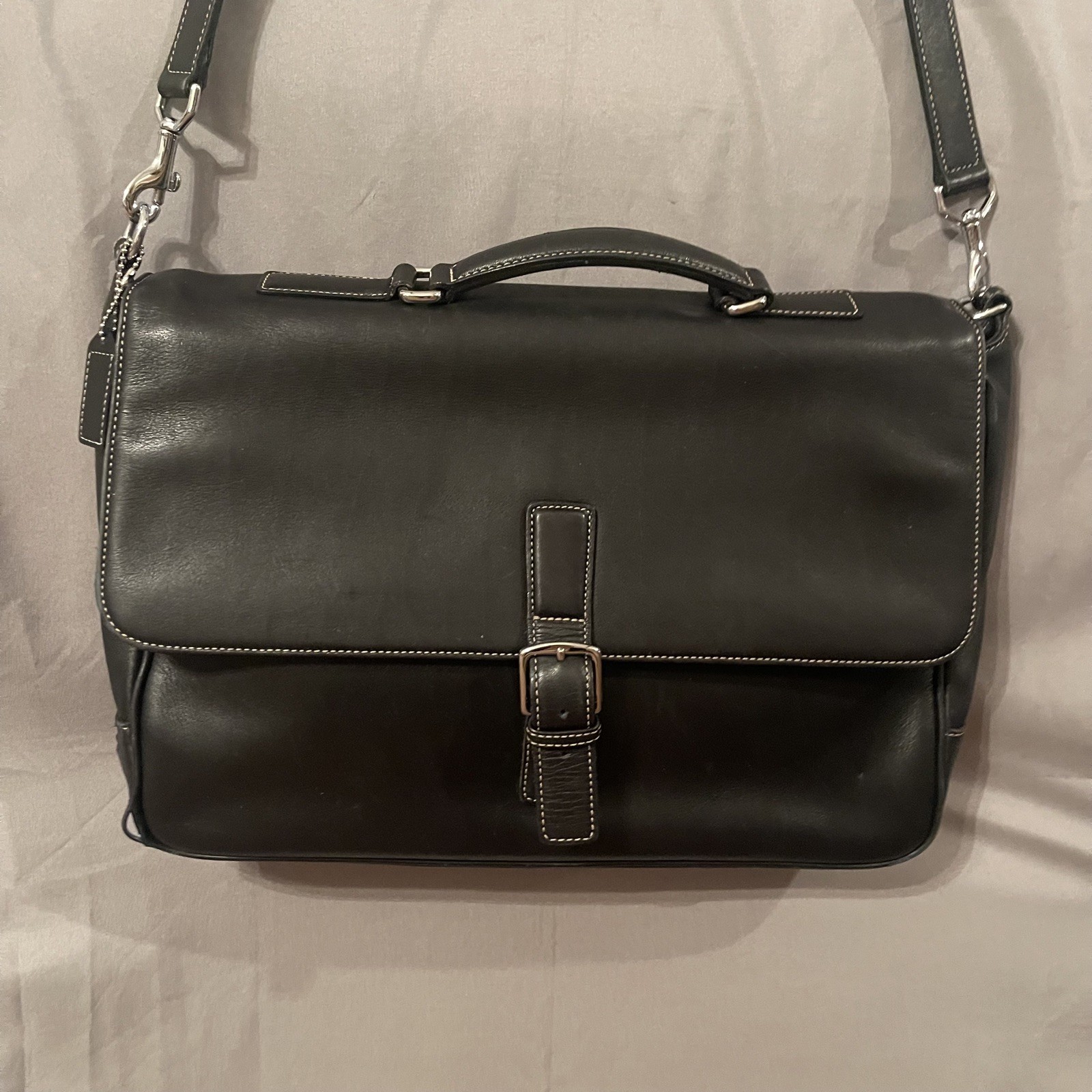 COACH Black Leather Briefcase Laptop Messenger Bag Single Handle w/ Strap VTG