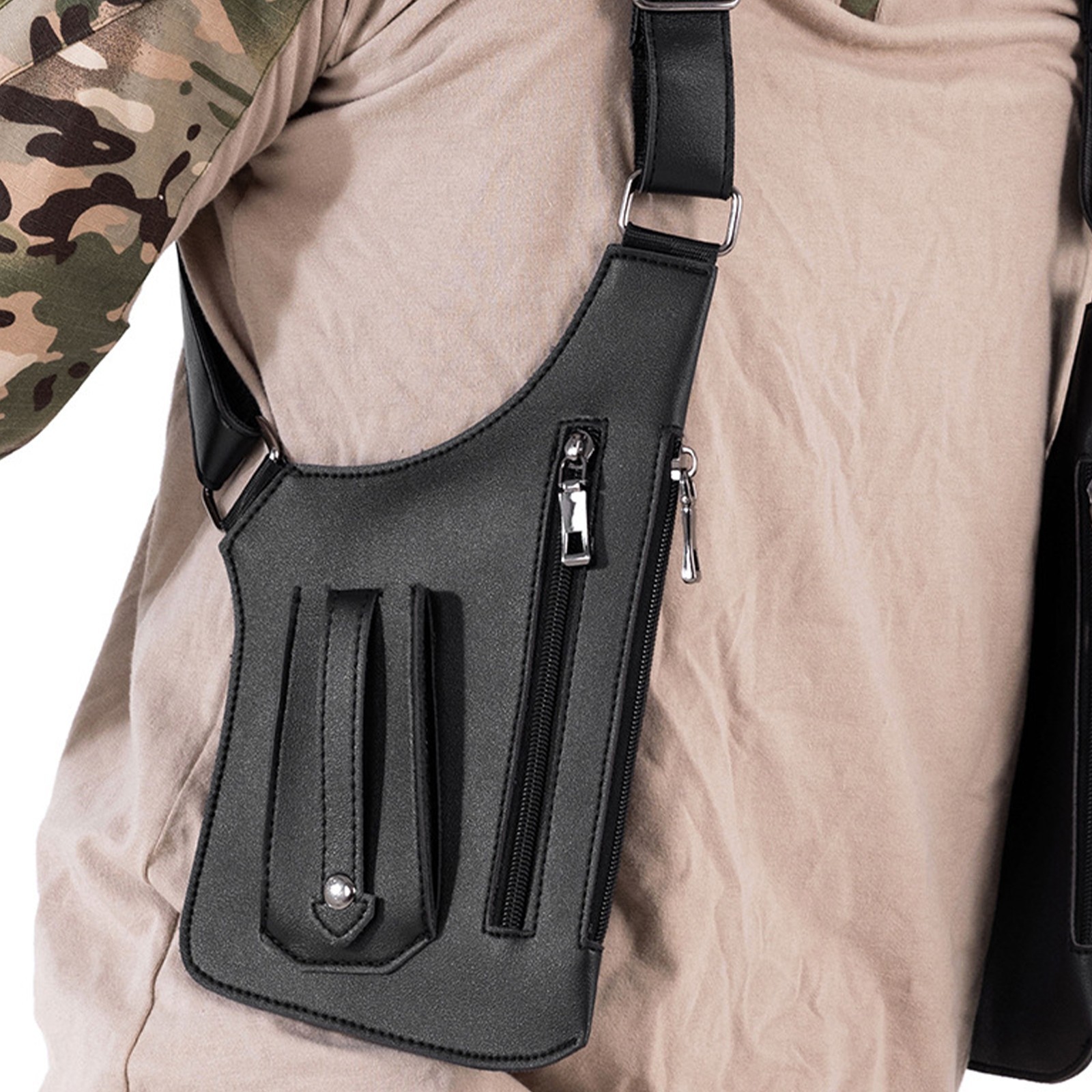 Men Double Shoulder Underarm Bag Anti Theft Holster PU Leather Travel Chest Bag