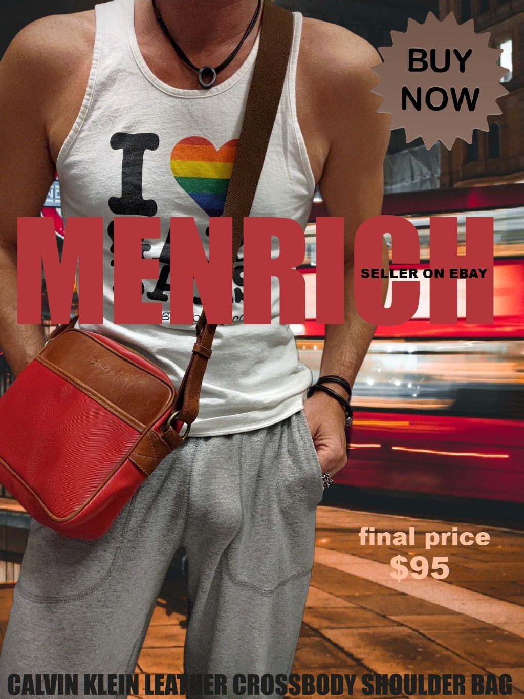 CALVIN KLEIN LEATHER PURSE MESSENGER CROSSBODY SHOULDER BAG. RED. VINTAGE 🌈 GAY