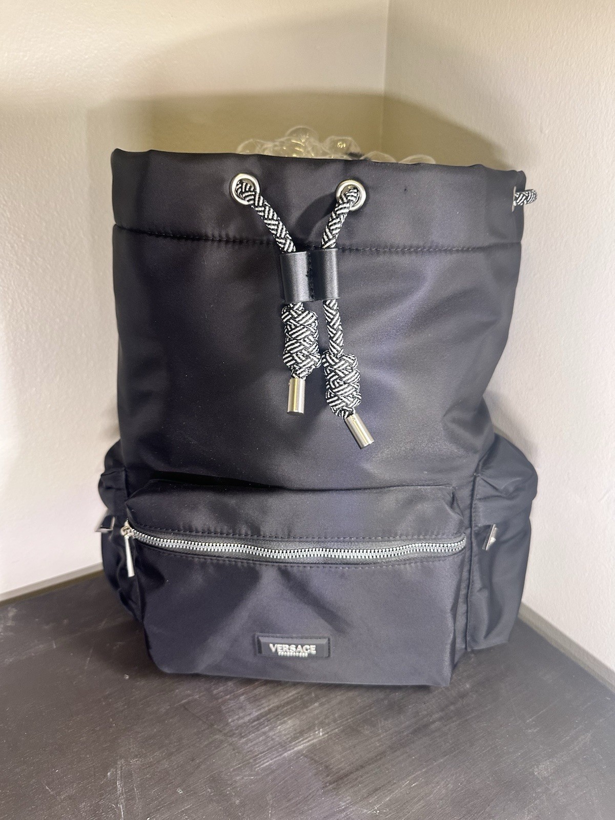VERSACE FRAGRANCES Black Drawstring Backpack Gym Travel Bag Zip Pockets