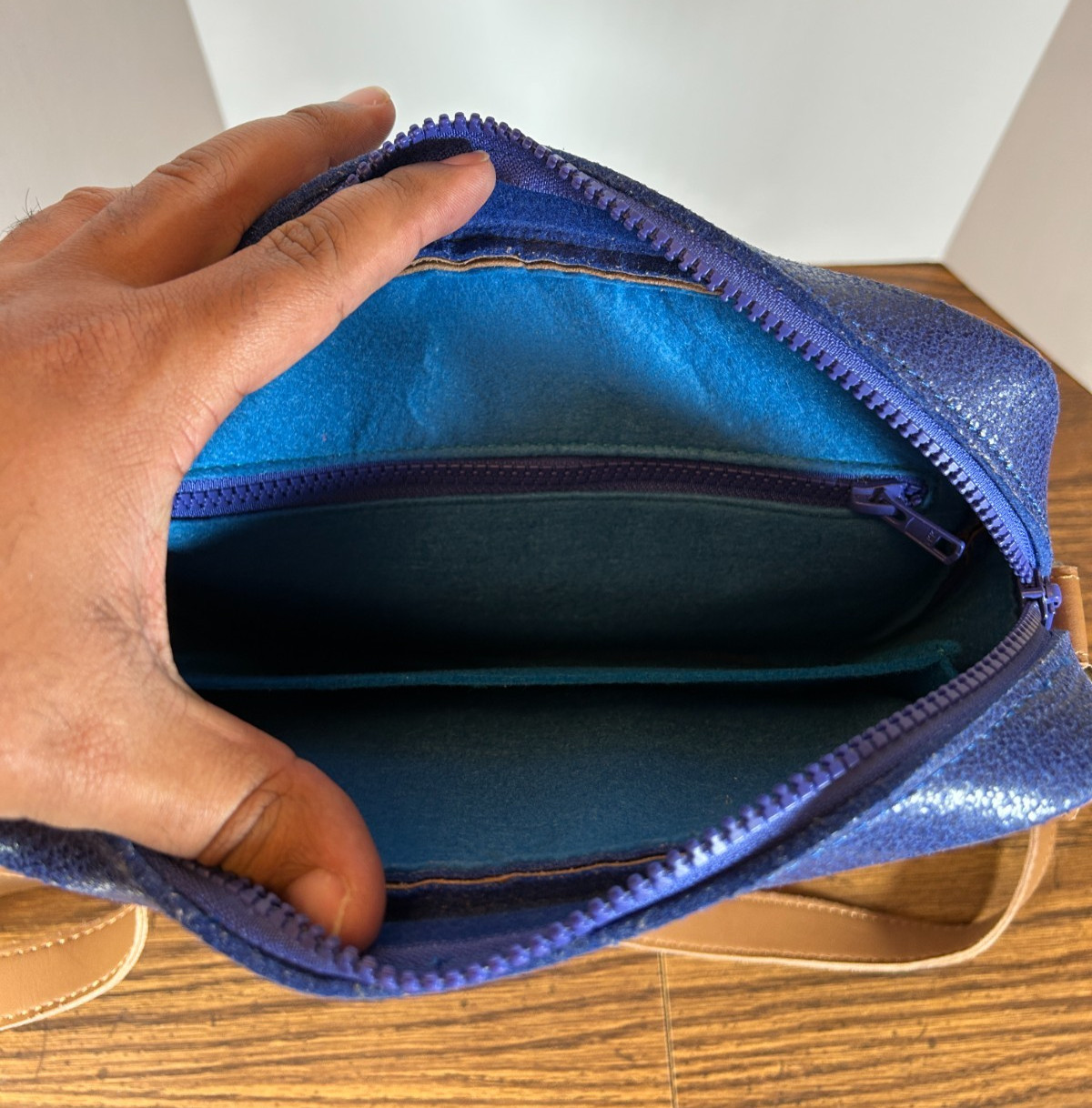 Mad Rabbit Kicking Tiger crossbody Denim Blue Unisex Shoulder Bag Vegan Leather