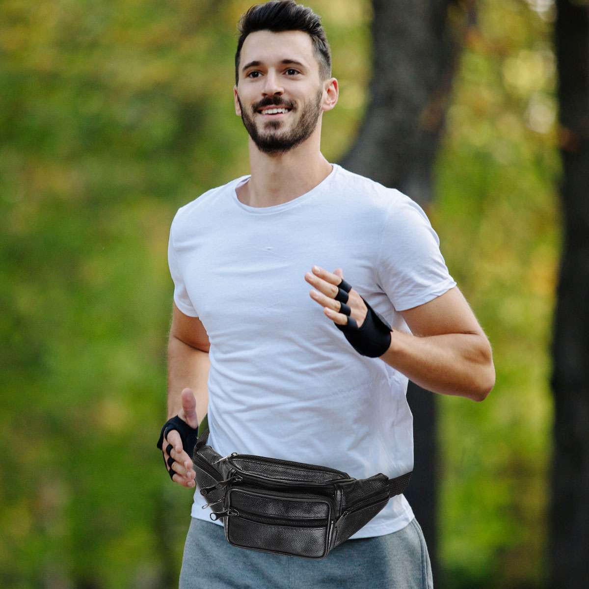 Genuine Leather Fanny Pack Multi Zippered Waist Bag Hip Belt Purse Black Pouch