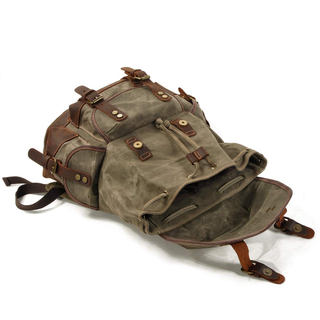 Men Travel Backpack, Genuine Leather-Waxed Canvas Shoulder Hiking Rucksack (G…
