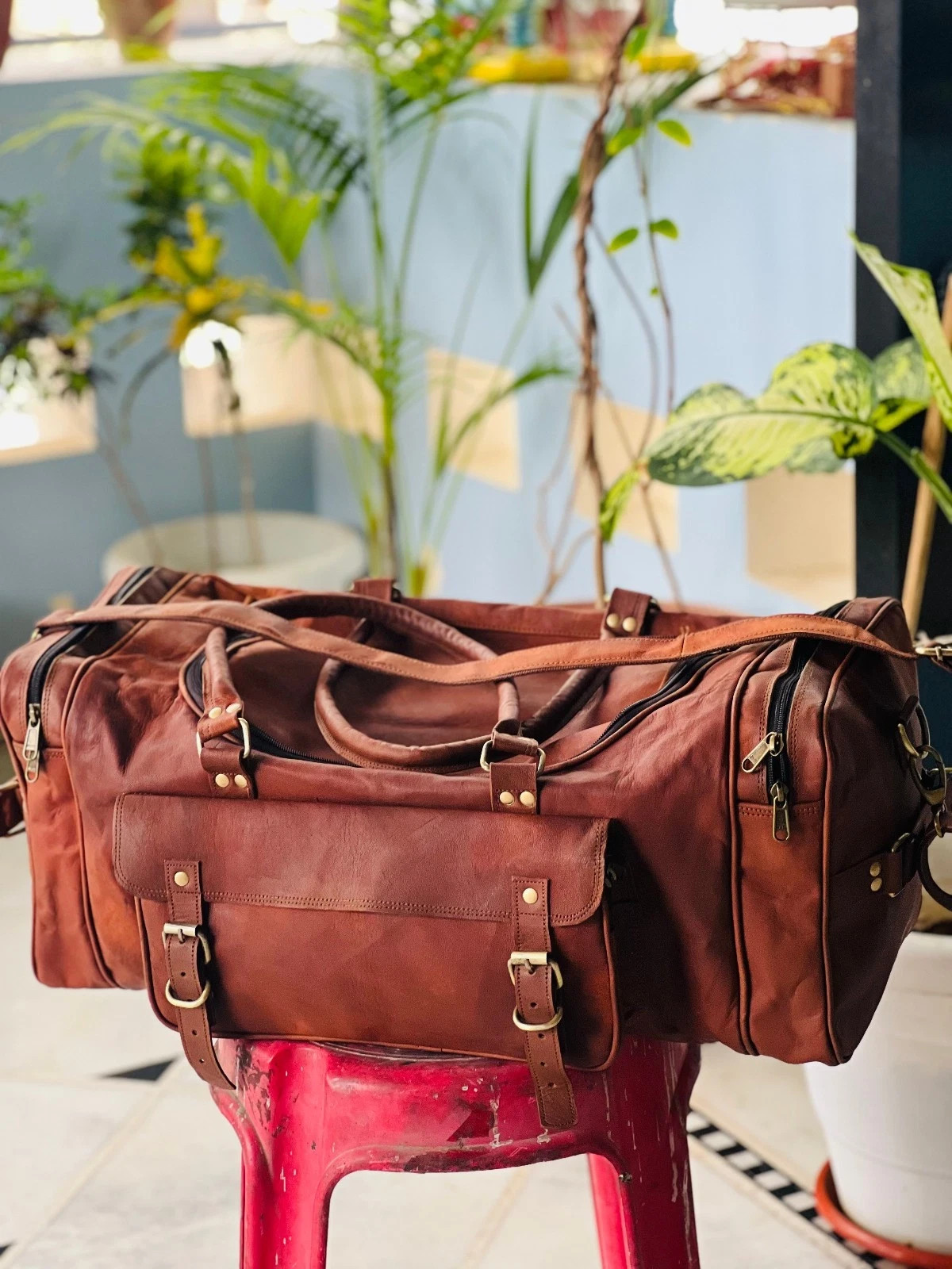 Genuine Goat Leather Travel Bag Gym Duffel Brown Duffle Men Overnight Luggage
