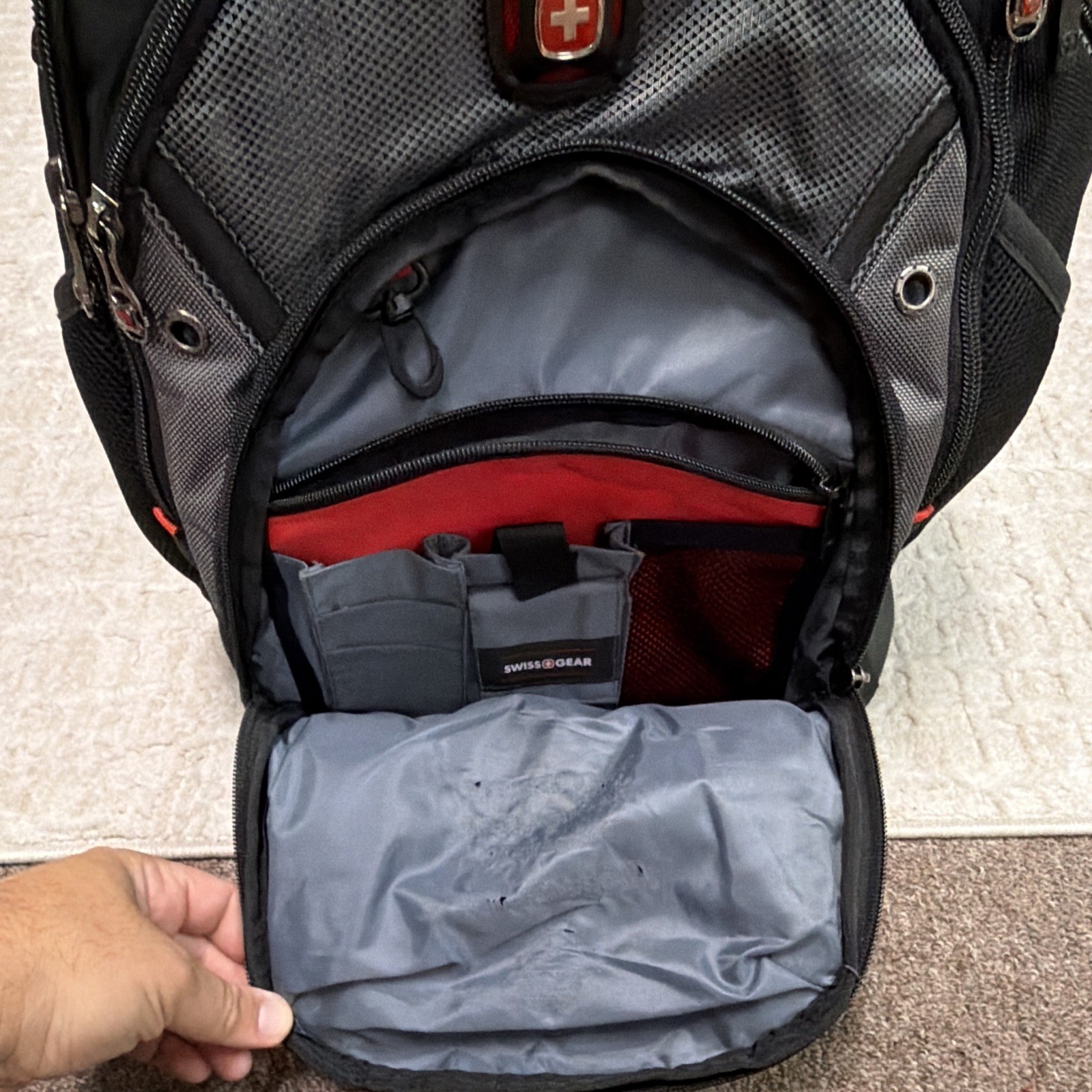 SwissGear Black/Gray/Red Multi-Compartment Backpack, Padded Adjustable Straps