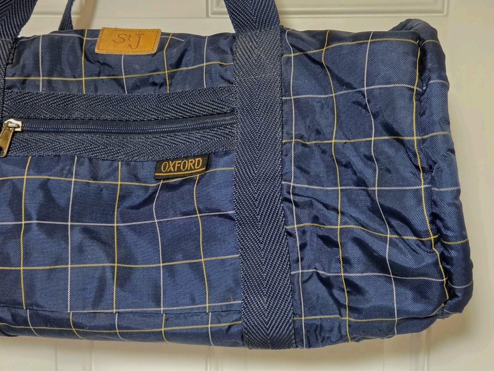 Oxford Blue Plaid Duffle Bag Vintage Polyester / Nylon 22″x13″x9.5″ St J Patch