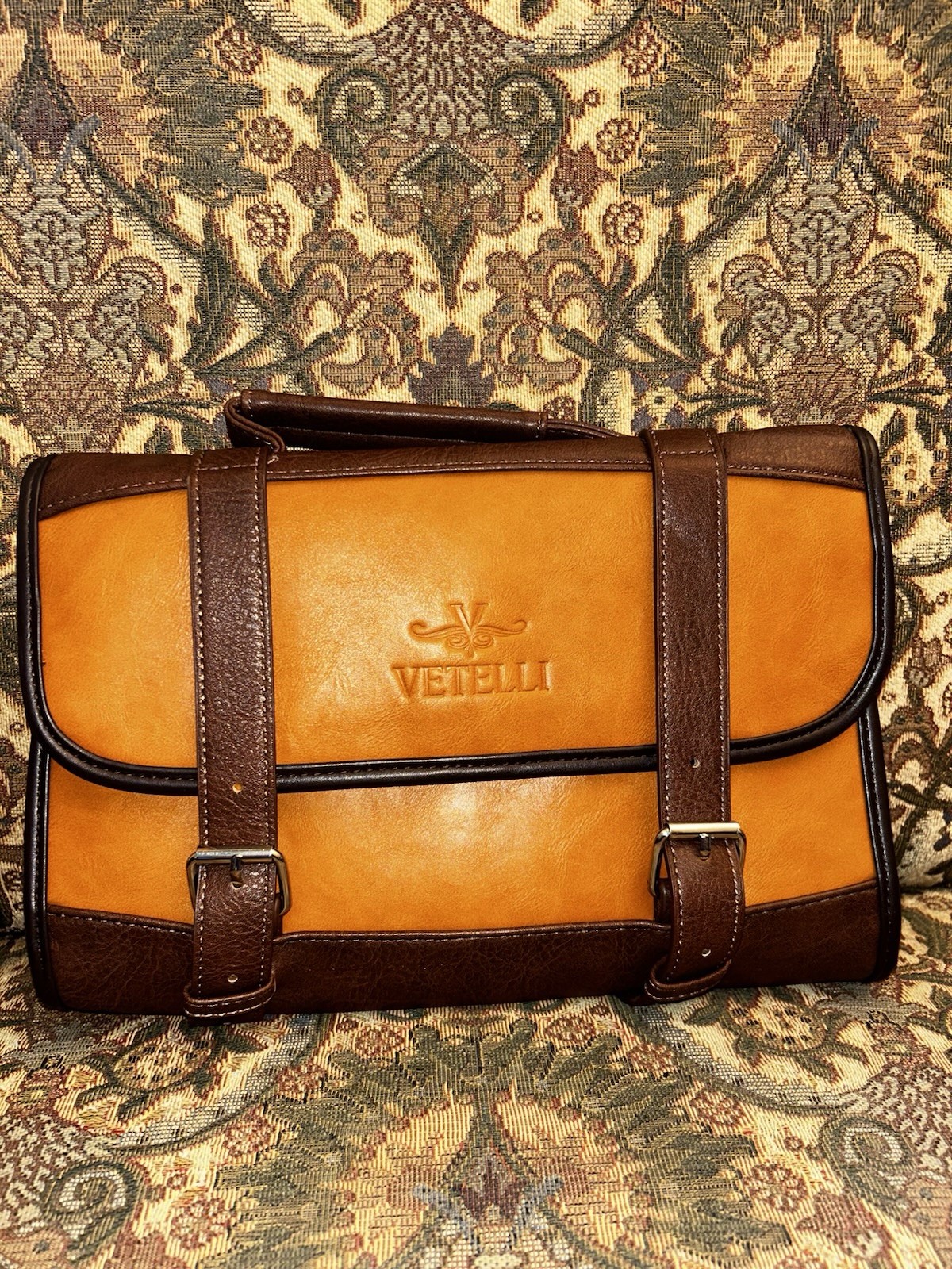 Vetelli Italian Hanging Travel Toiletry Bag | Brown & Camel Color Vegan Leather