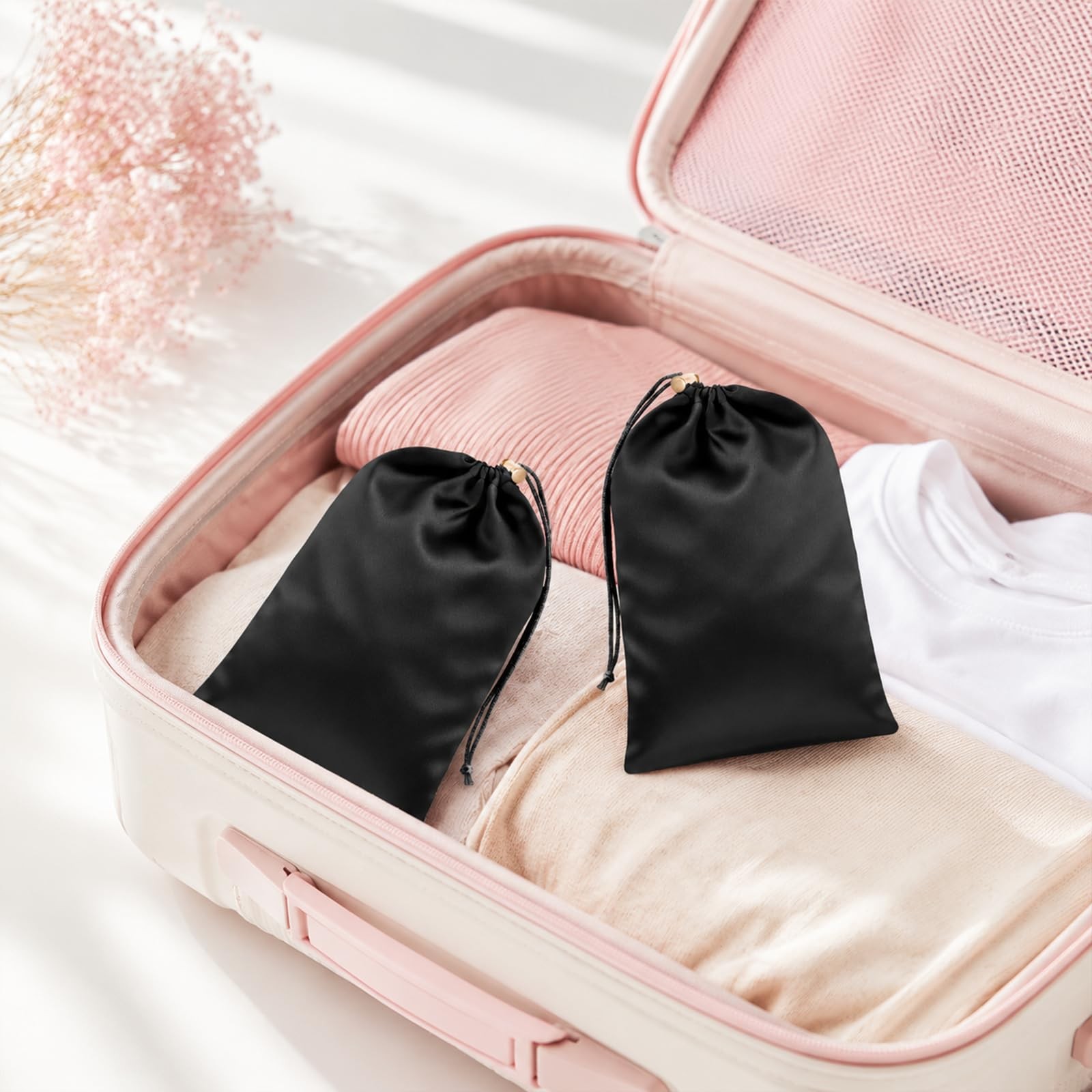 Toy Storage Bags, 6 Pcs Quality Satin Silk Drawstring Pouch Black Purple Pink