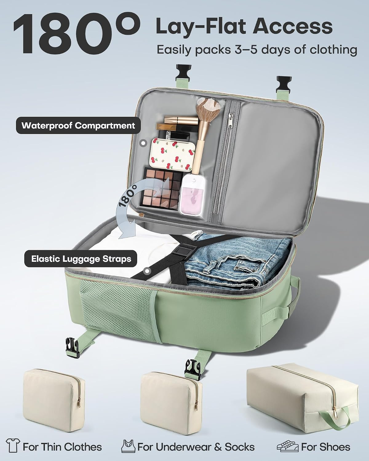 Women’s TSA-Friendly Travel Backpack with Packing Cubes, Water-Resistant, Green