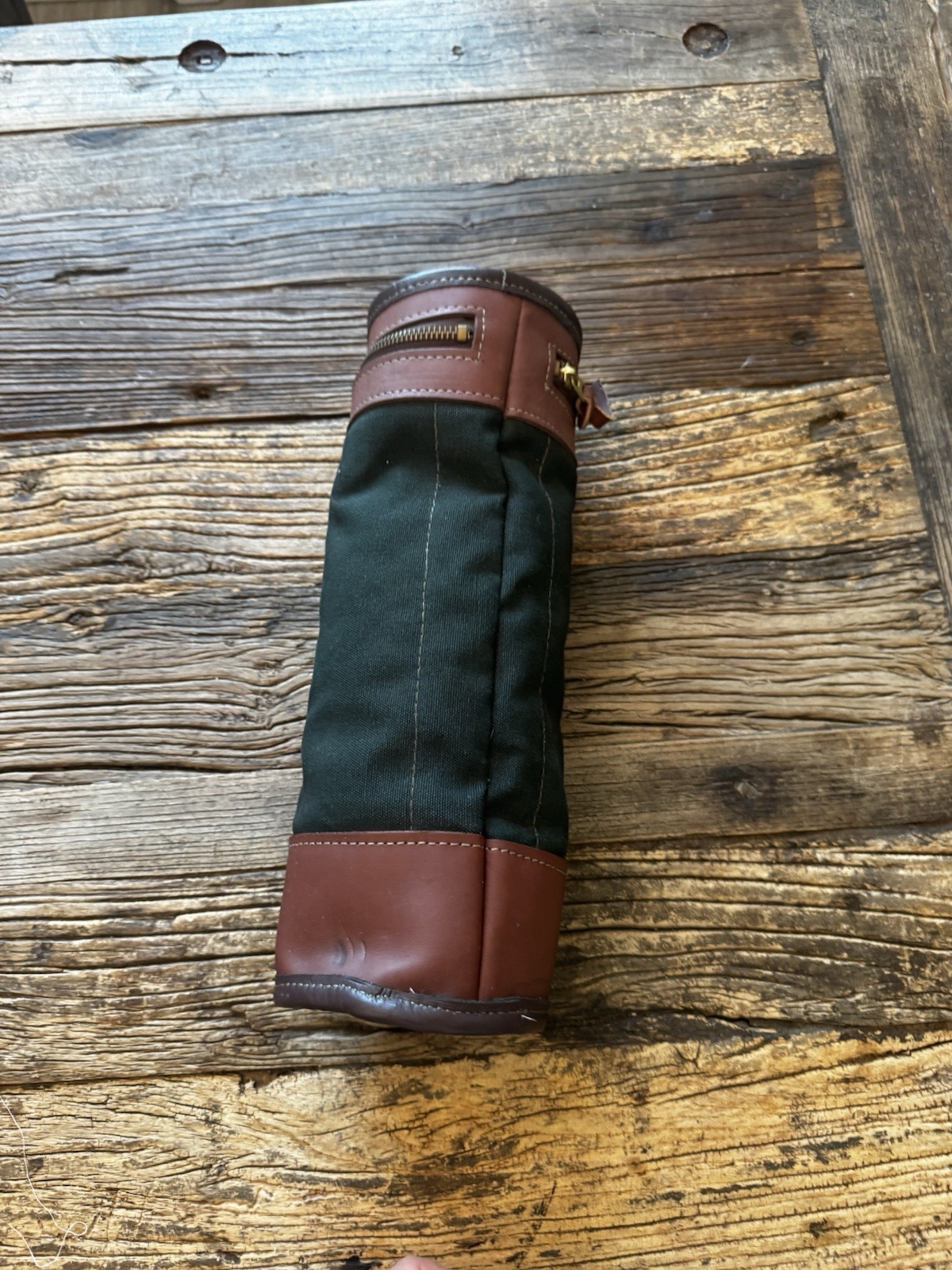 Orvis Battenkill Shearling Lined Leather Green Canvas WineBottle Travel Holder