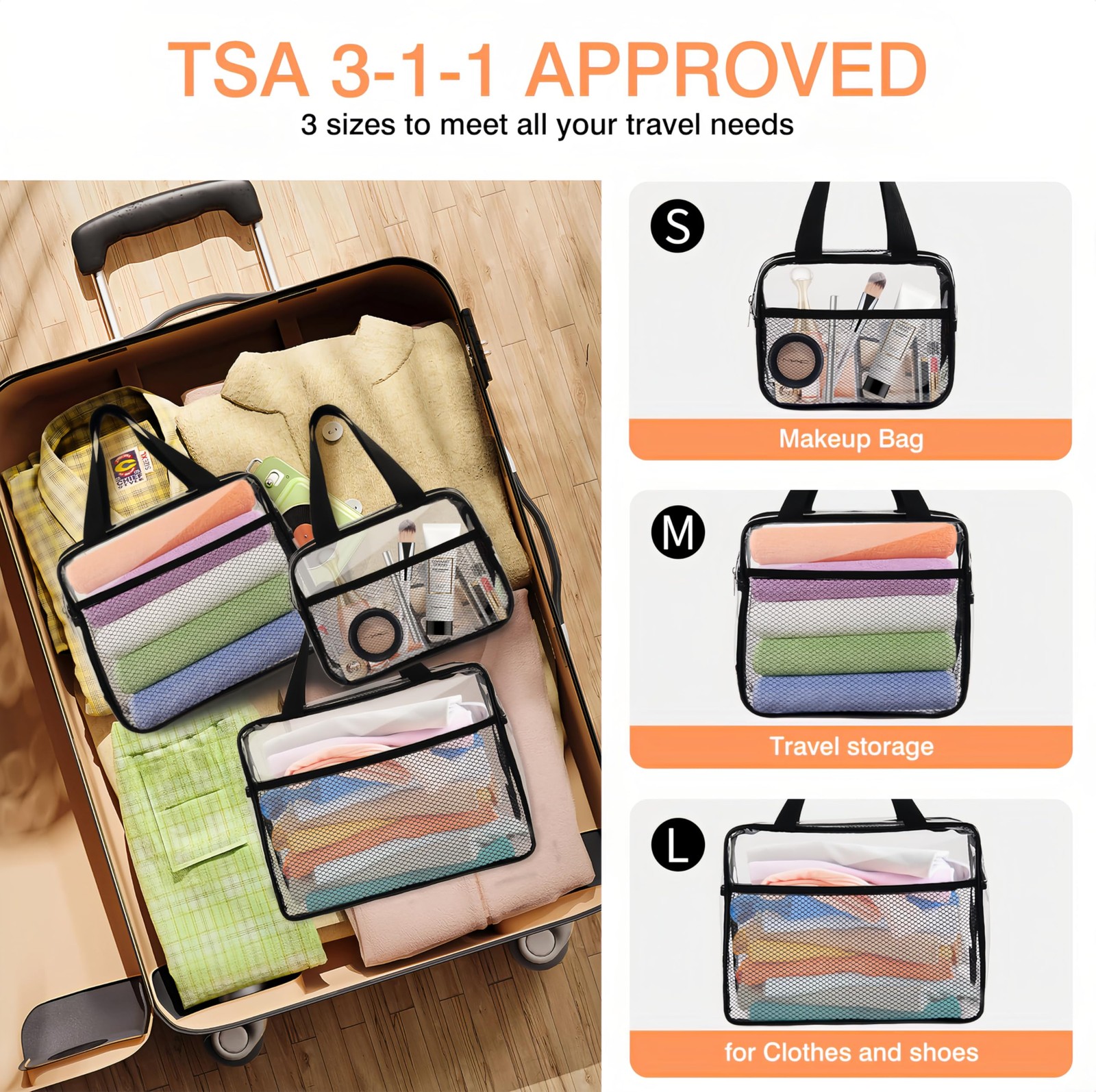 Large Small Clear Travel Toiletry Bags with Handles & Large, Black