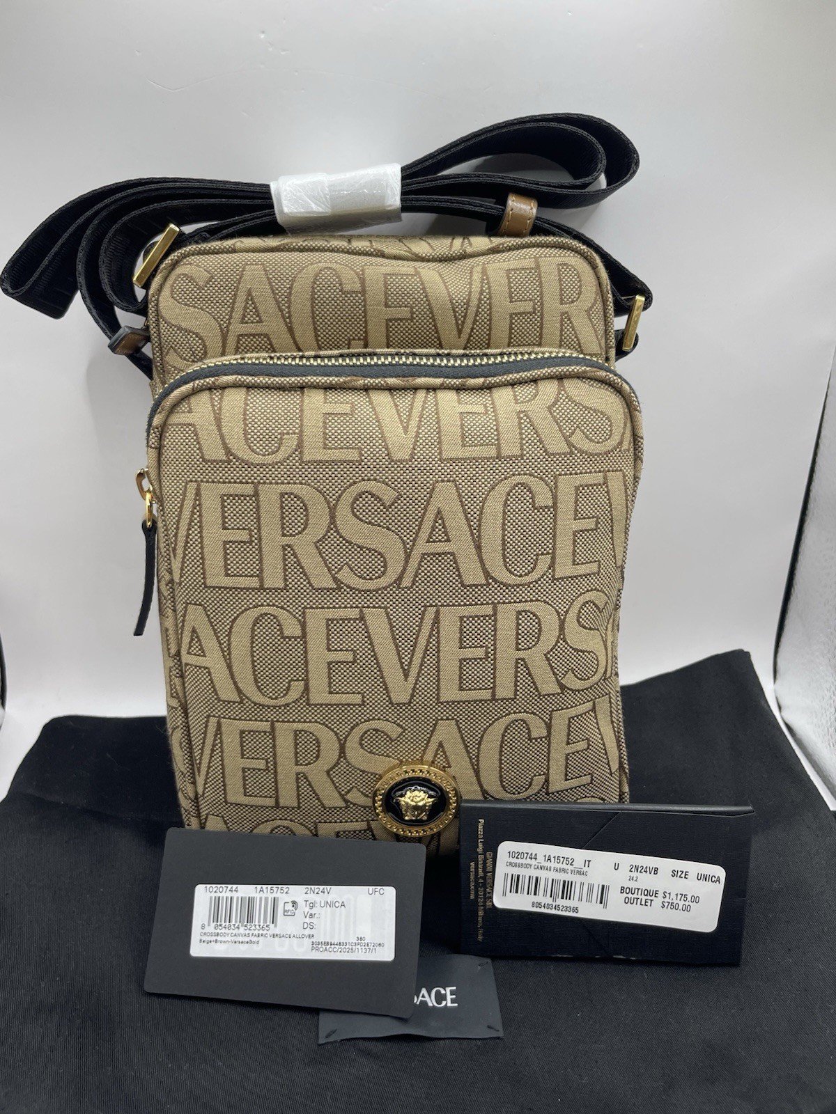 Versace Crossbody Canvas Fabric Allover Beige/brown $1200 Retail Authentic