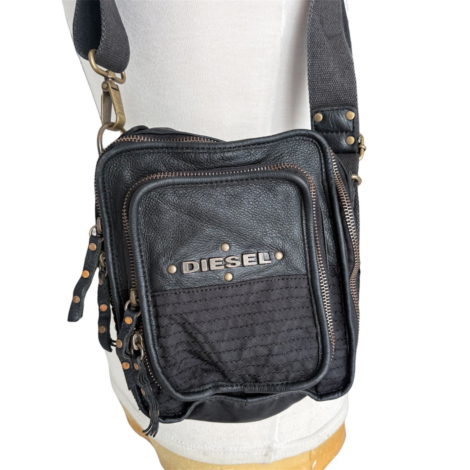 DIESEL Vintage Black Leather Small Crossbody Avant Garde Industrial City Rave
