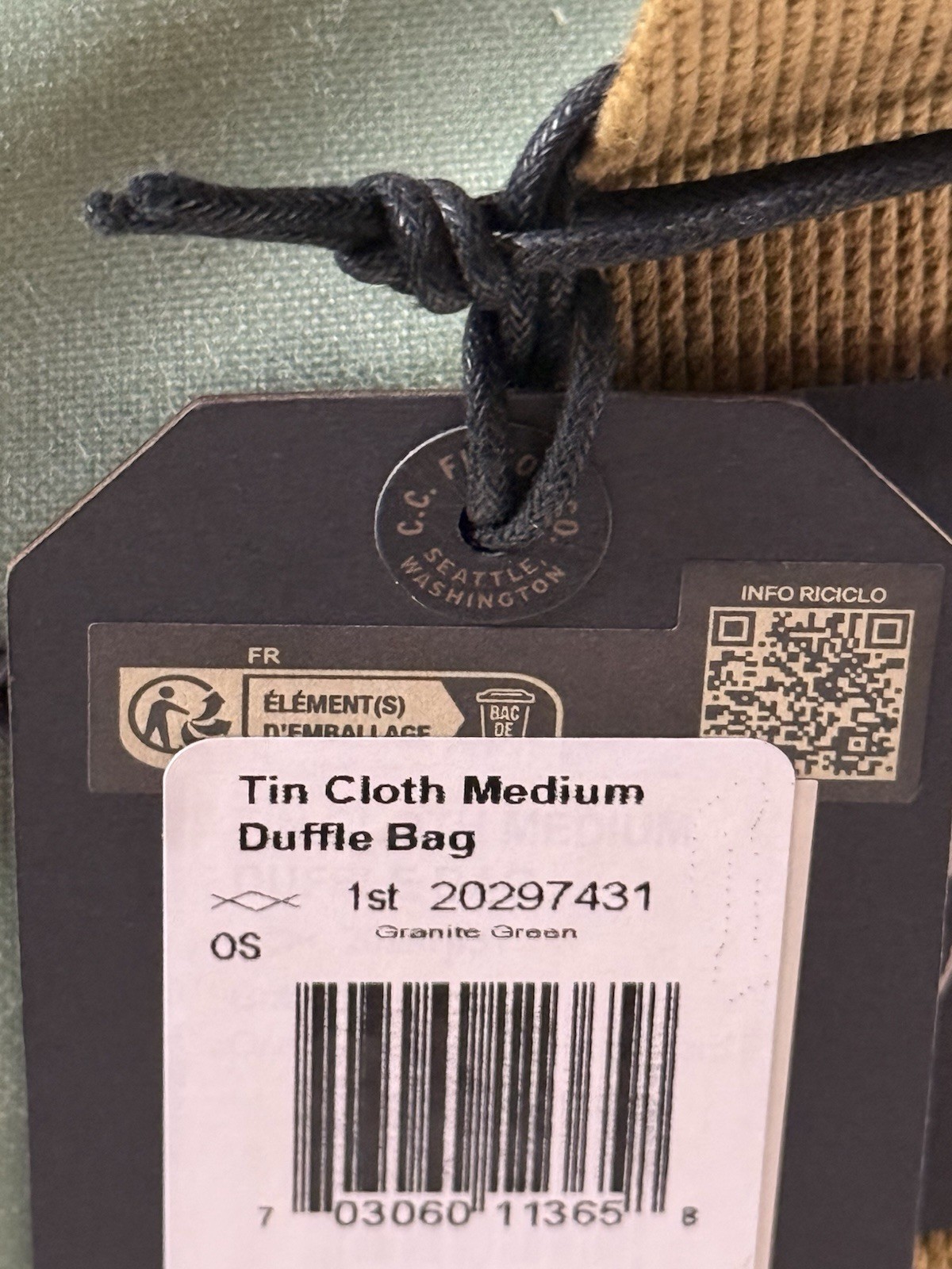 FILSON MEDIUM TIN CLOTH DUFFLE BAG GRANITE GREEN OS NWT