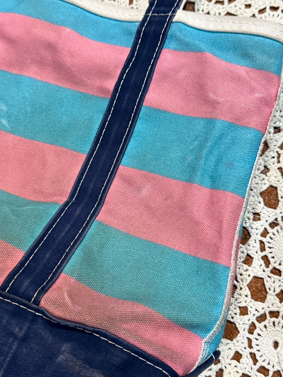 VTG 80s LL Bean Boat & Tote Bag USA Canvas Blue Pink Embroidered Gem Distressed