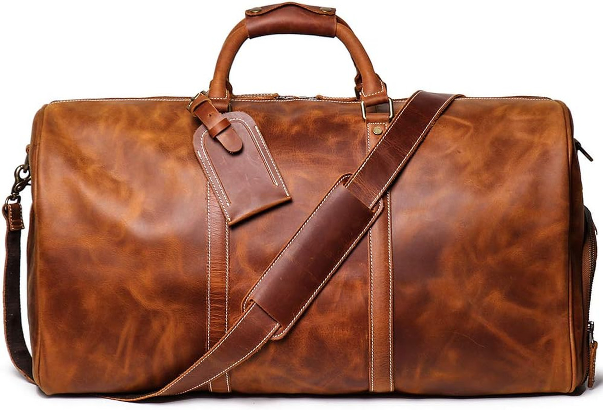 24″ Leather Weekender Bag with Shoe Compartment,Classic Mens Leather Travel Duff