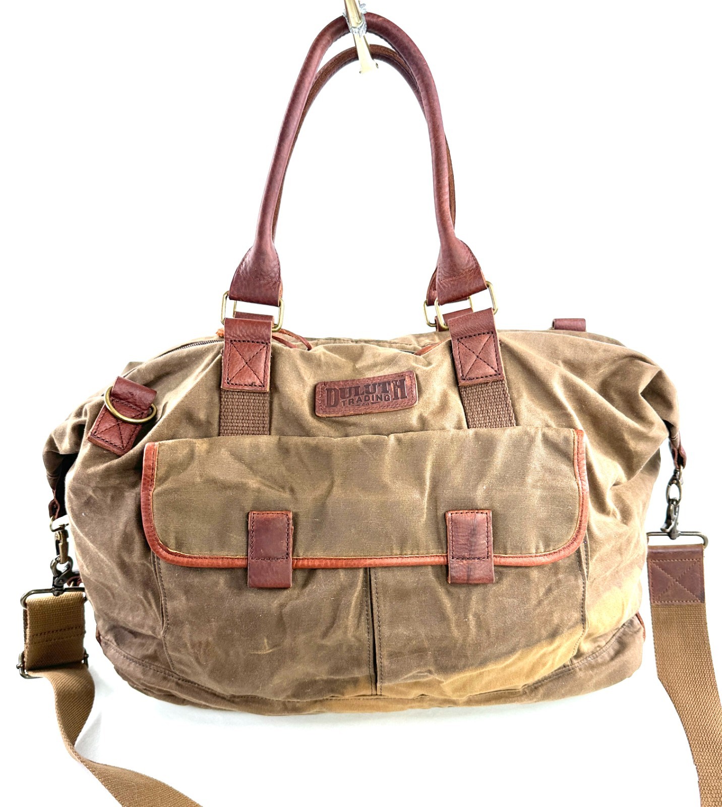 Duluth Trading Brown Cotton Canvas Large Briefcase Travel Bag Brass Leather Trim
