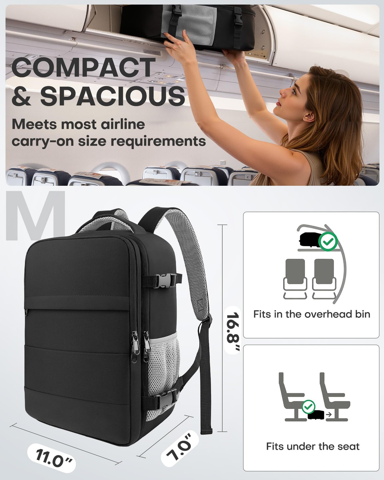 HOTOR Travel Backpack Flight Approved Bag Men Women, Medium Medium, Black