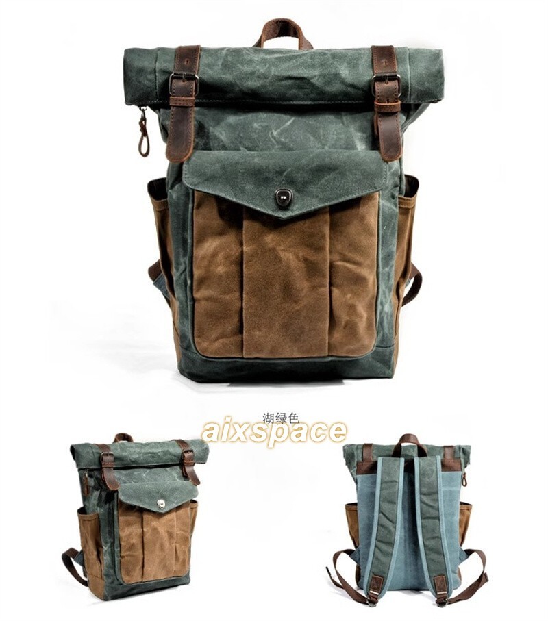 Men’s Retro Oil Wax Canvas Backpack Shoulder Bag Leisure Travel Knapsack