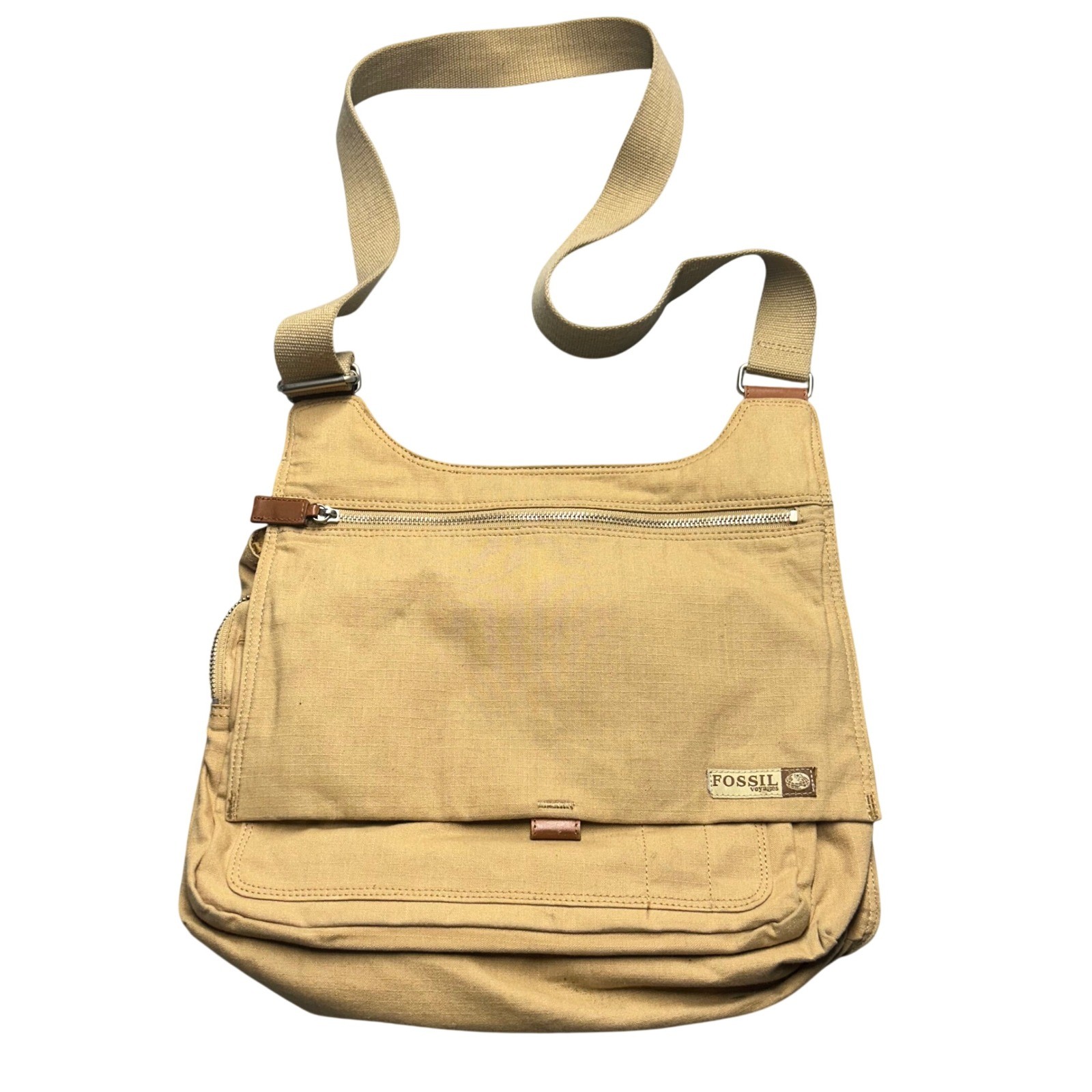 Fossil Messenger Bag Tan Unisex Large Voyages Canvas Crossbody Travel Satchel