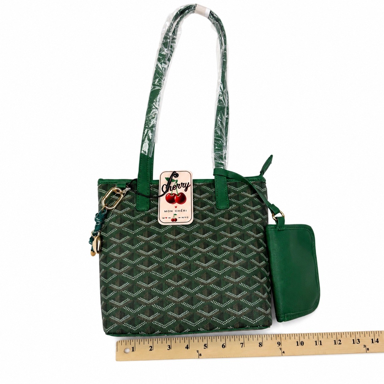 Cherry Mon Cheri Green Chevron Tote Bag with Pouch and Charm New