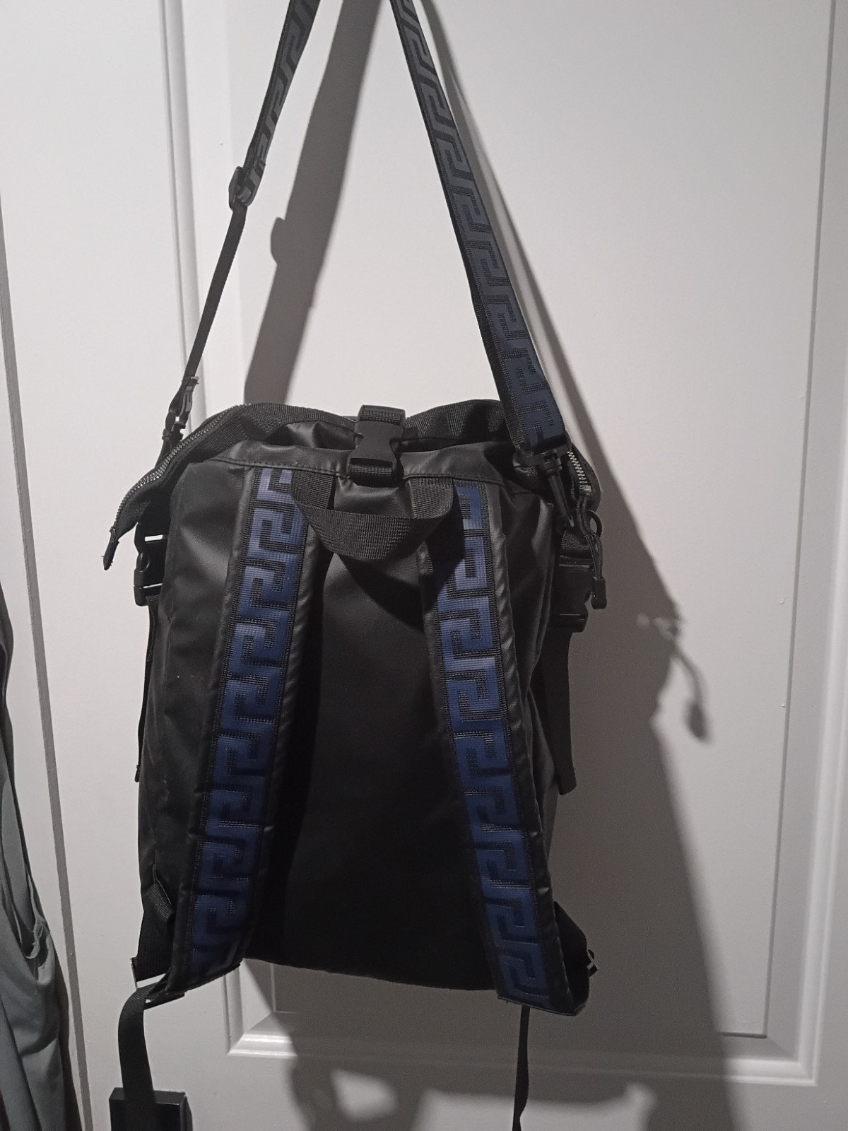 Versace Parfums Men’s Black/Blue Greek Key Zip Backpack, Adjustable Strap