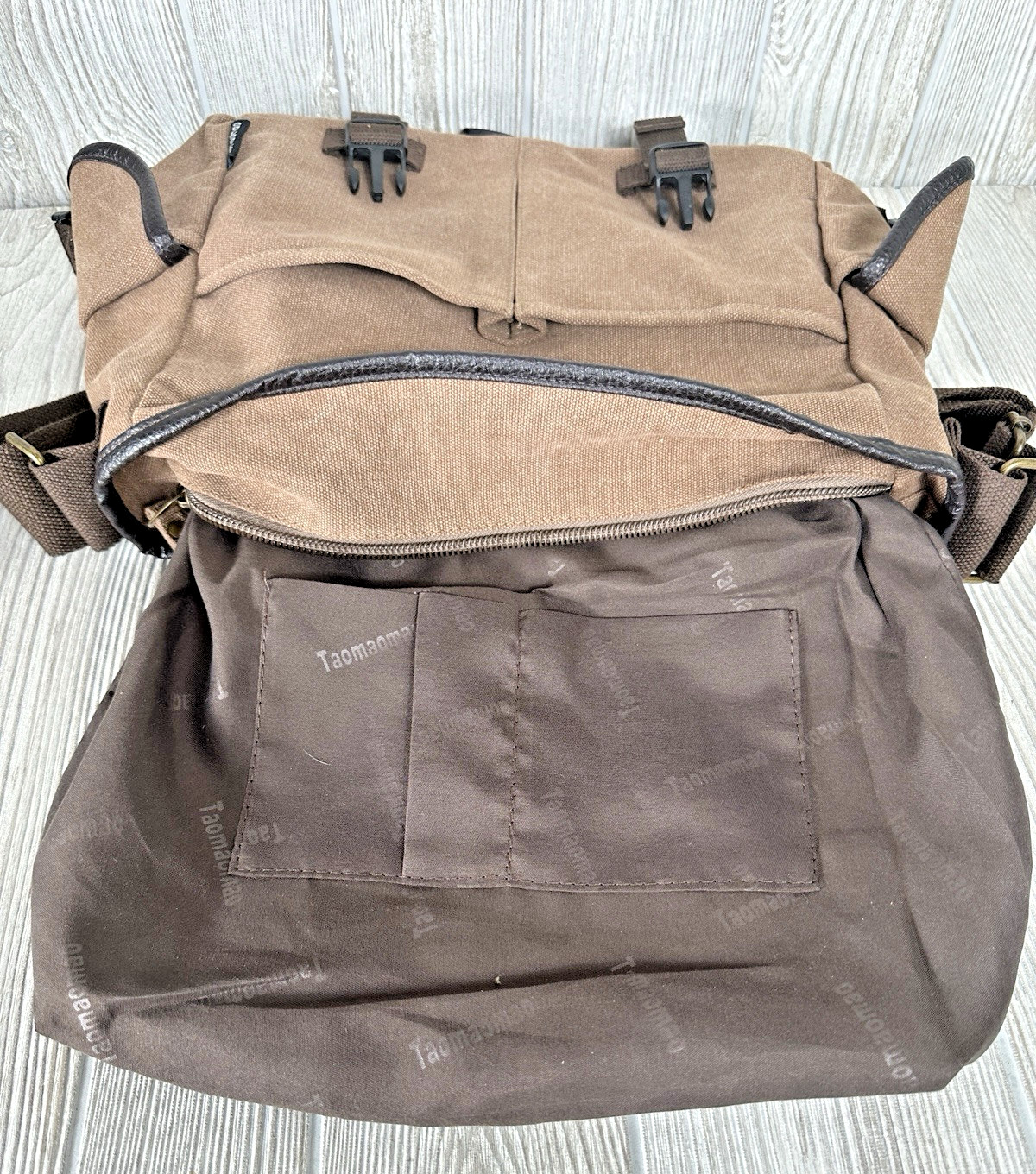 TaoMaoMao Brown Canvas Shoulder Bag Tote Brown Strap Work Travel Bag Flap Zipper