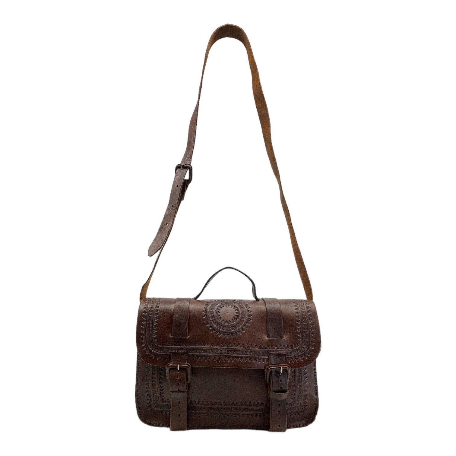 Vintage 70s Large Handmade Tooled Leather Messenger Bag Crossbody Laptop Travel