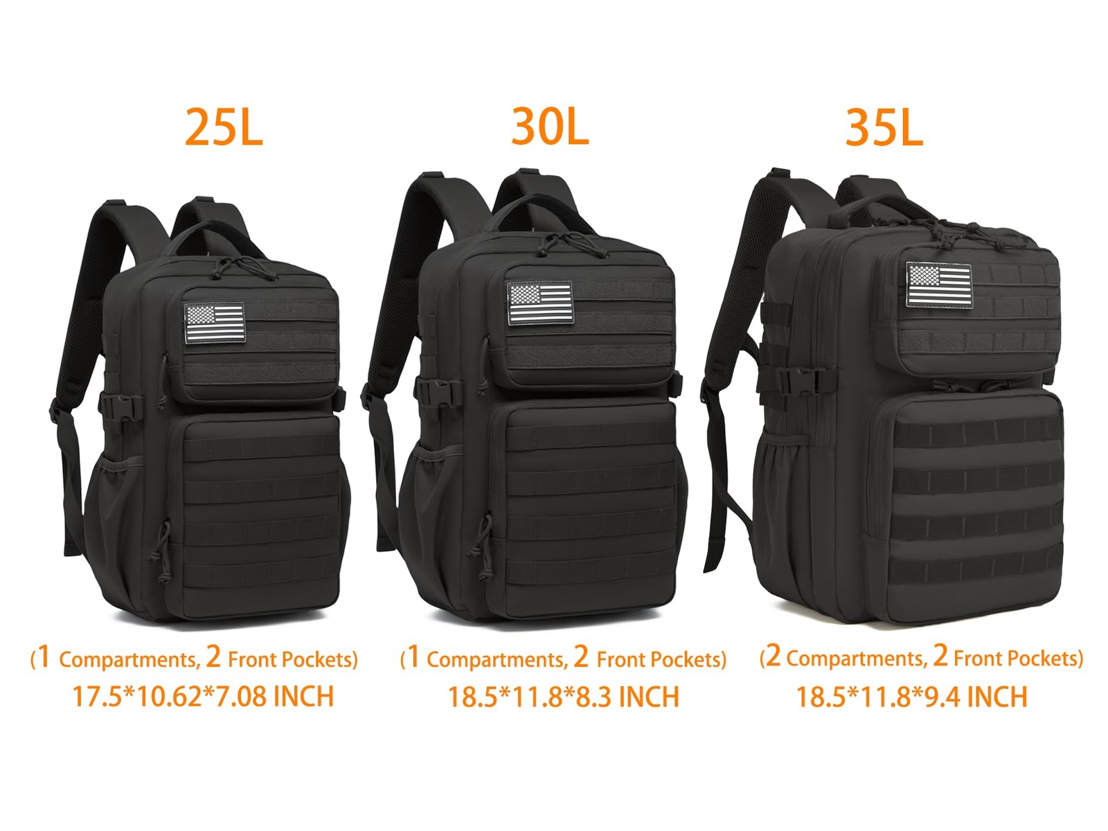 Wotony Military Tactical Backpack for Men Waterproof Daypack 3 Day (Black, 25L)