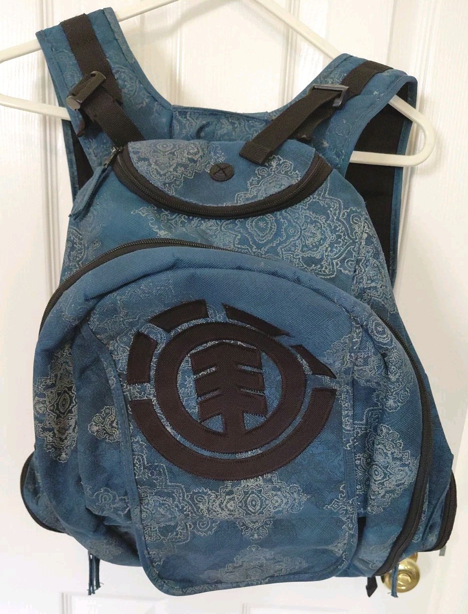 Element Skateboard Backpack Blue Black Skater Bag Logo Zipper Pockets