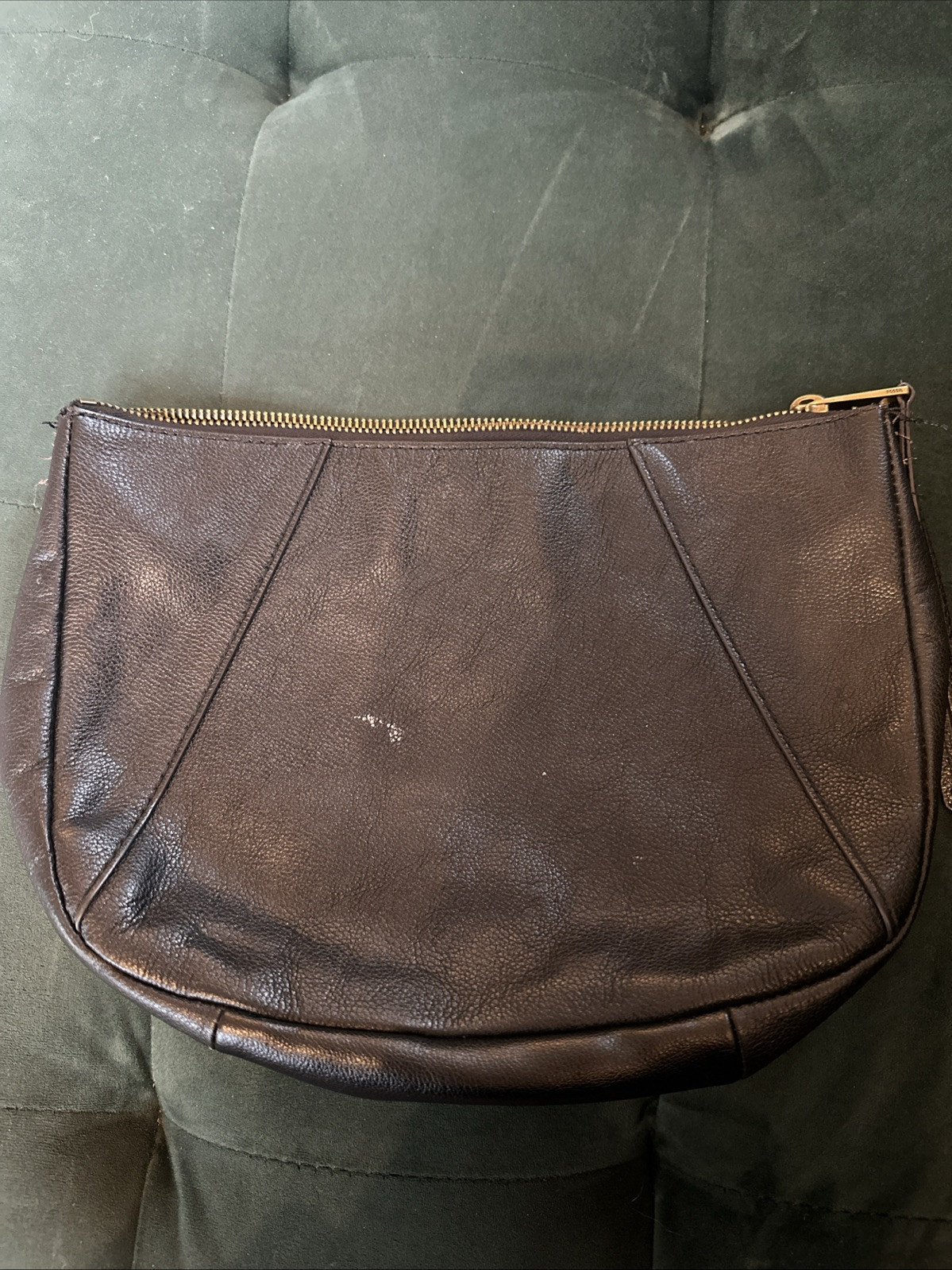Fossil Leather Pouch 8”x11” Black Gold Zip Vintage Soft