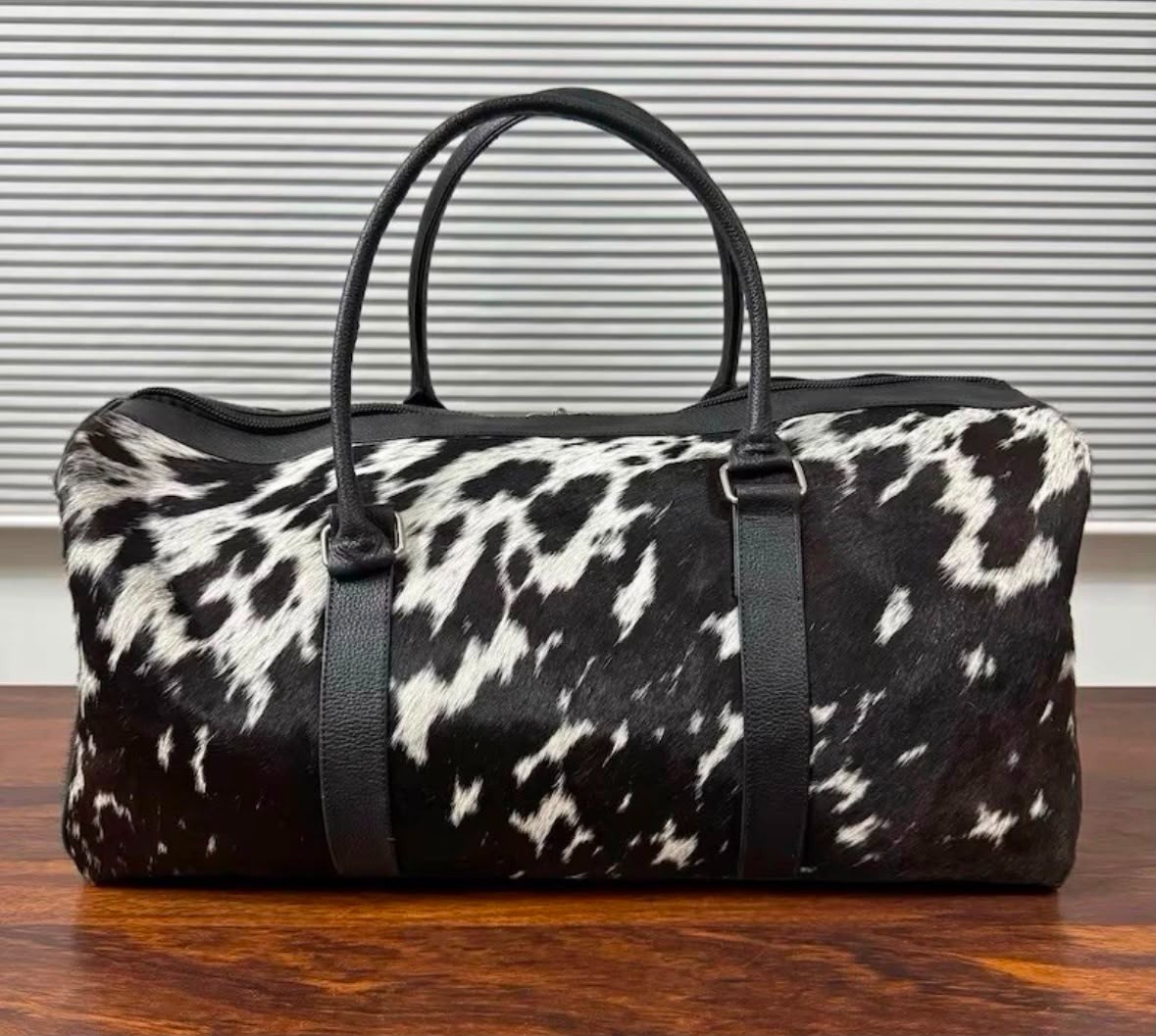 Hair On Cow Hide Duffle Bag, Handmade Leather Weekender Black & White Gym Bag.