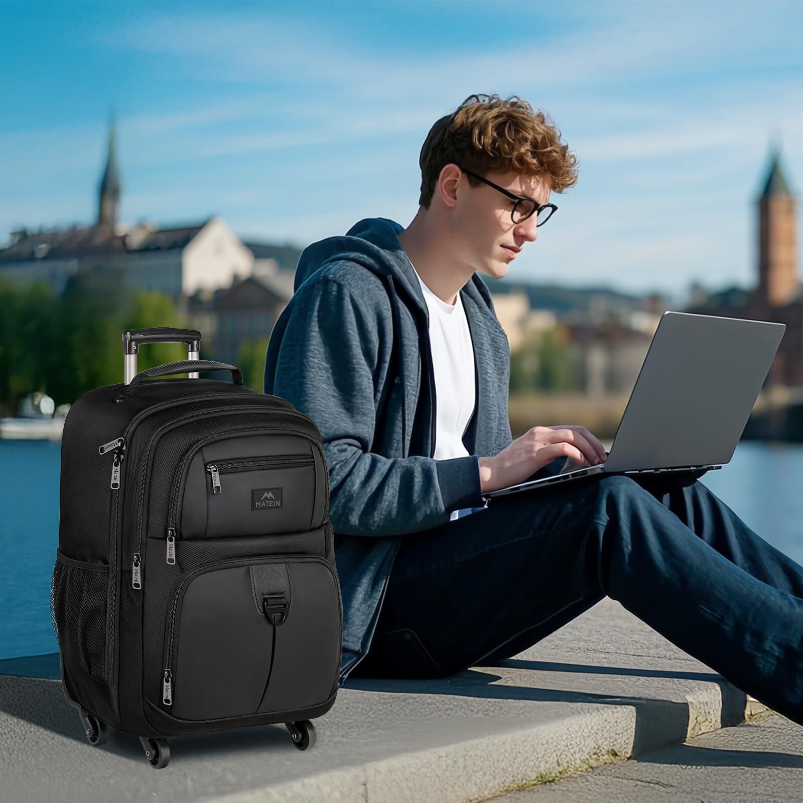 Rolling Backpack for Travel 4 Wheels Laptop Backpack for Women Men Water
