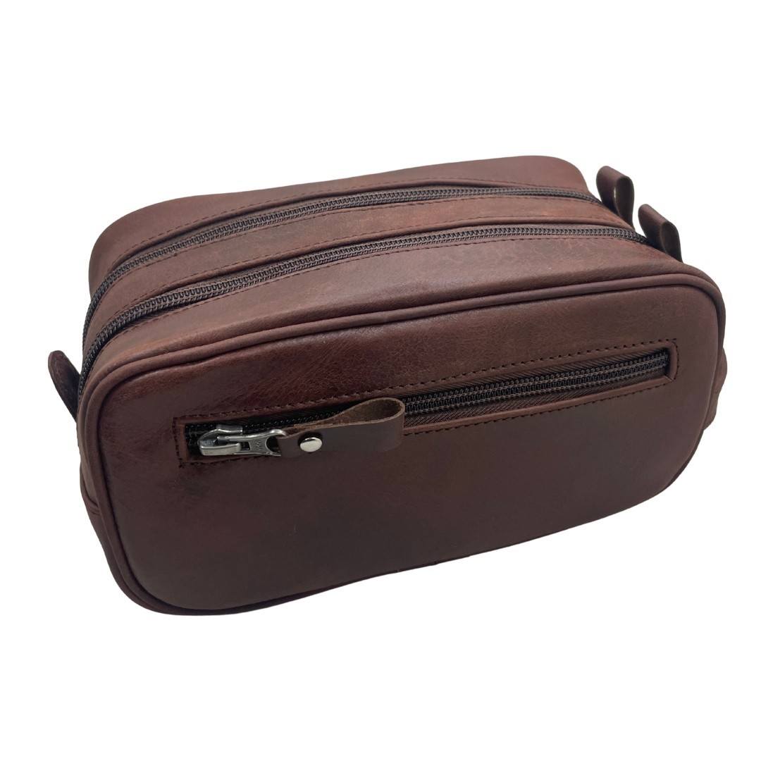 Premium Leather Toiletry Bag for Men – Compact Double Zipper Travel Dopp Kit