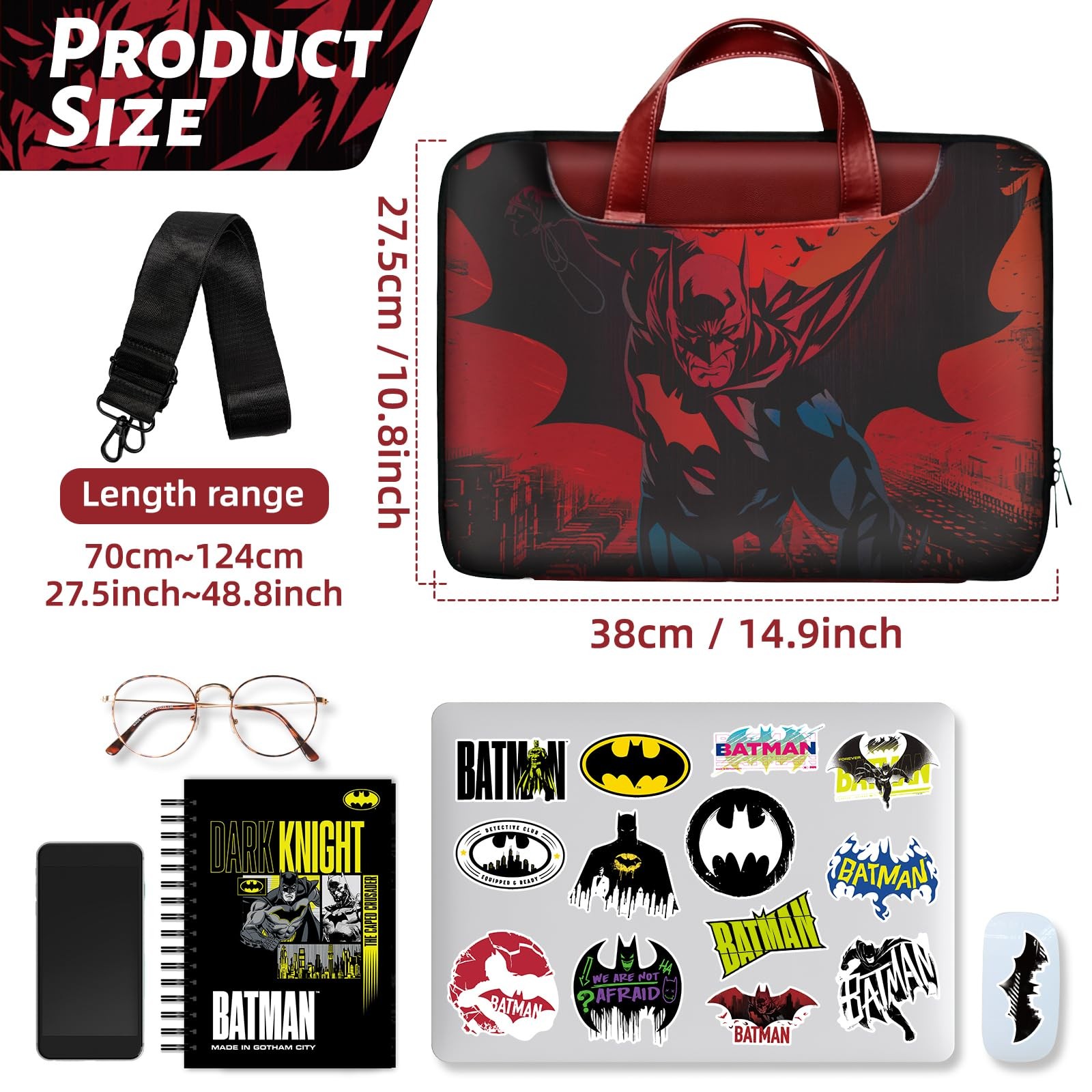 Batman Laptop Case, Superhero Red Computer Medium to Large, and Black