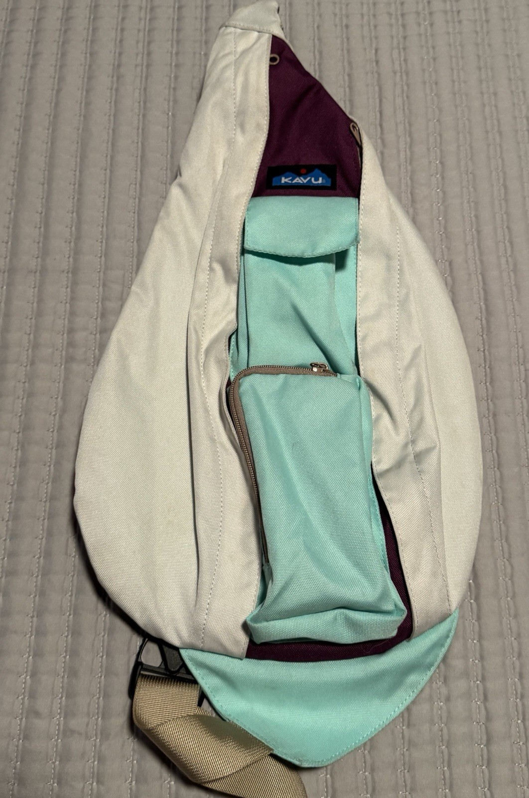 KAVU Rope Sling Crossbody Purple Blue Beige w/ Adjustable Strap & Zip Pockets