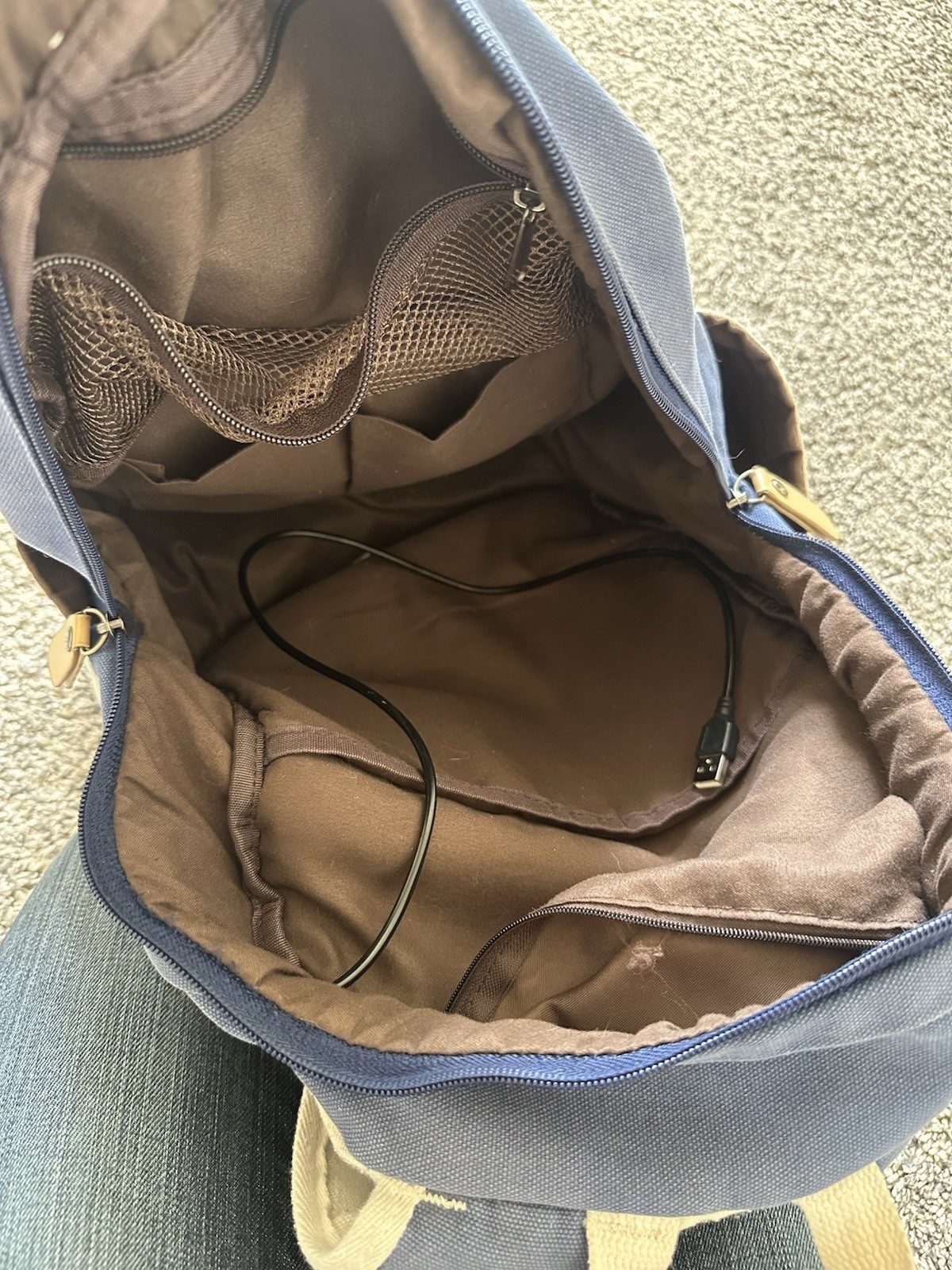 Blue And White Striped Backpack With Charging Port Lots Of Pockets