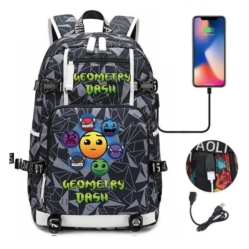 Geometry* Dash Printing Backpack Usb Charge School Bag Student Bookbag Backpacks