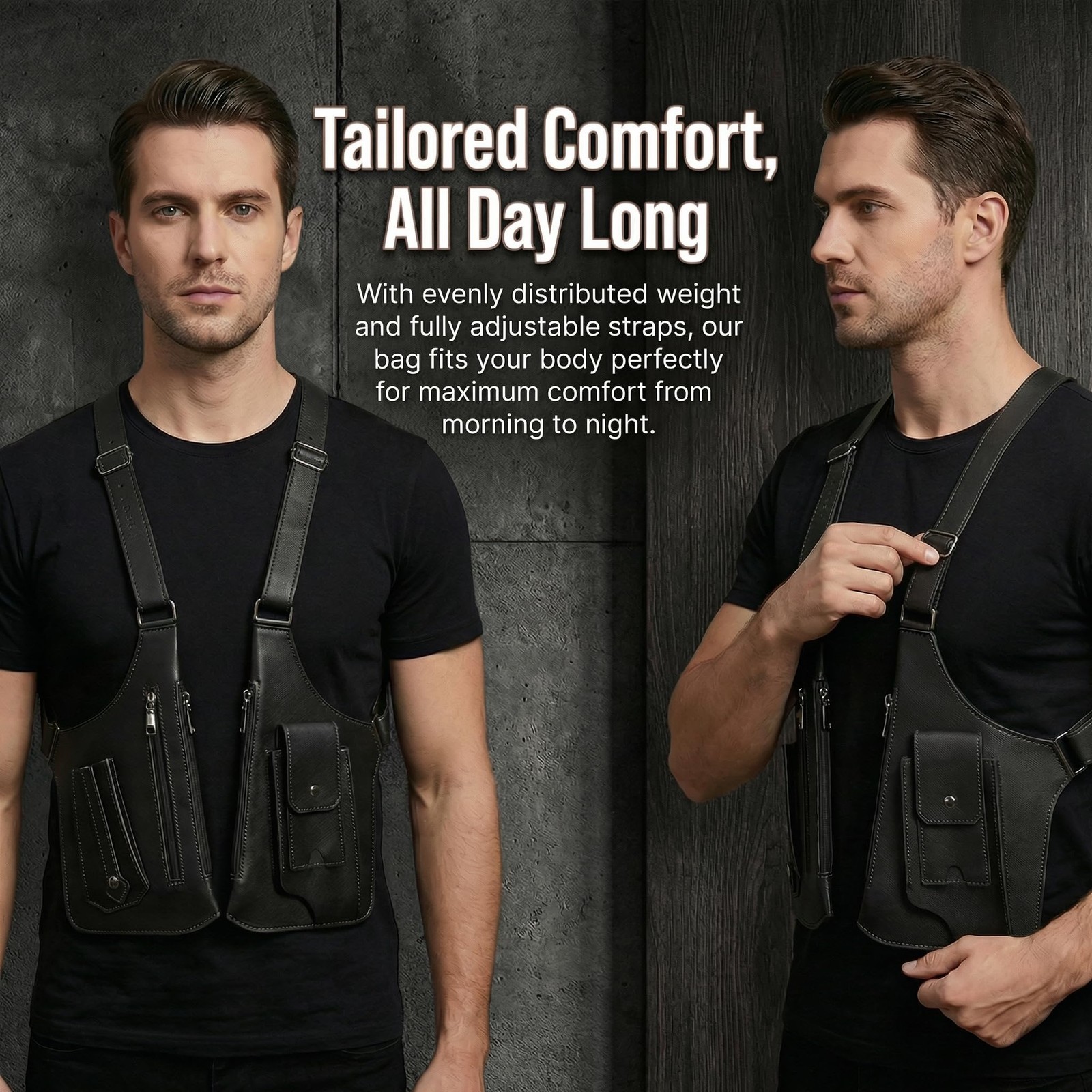 Double Shoulder Armpit Bag for Man,Adjustable Underarm One Size, Black