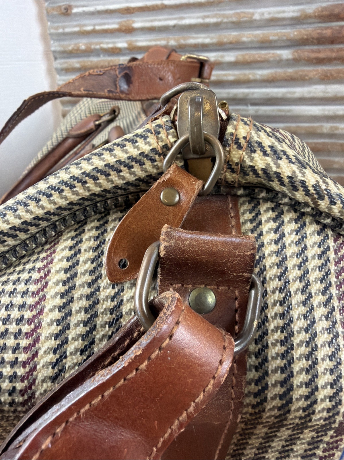 Polo Ralph Lauren Houndstooth Duffel Weekender Travel Bag Vintage Leather/Canvas