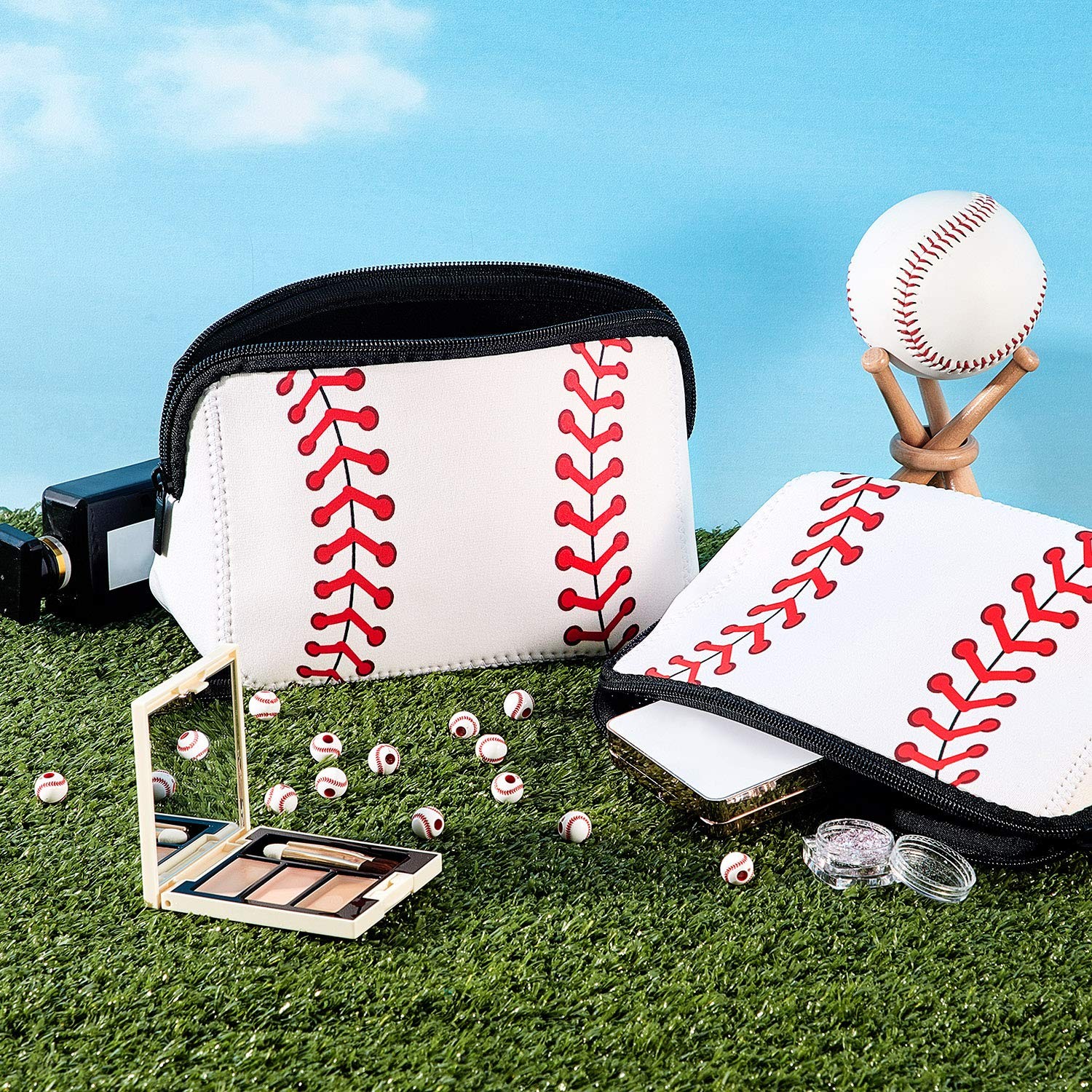 Boao 2pcs Small Baseball Makeup Bag Cosmetic 10.24 x 5.12 x 3.7 Inch, White