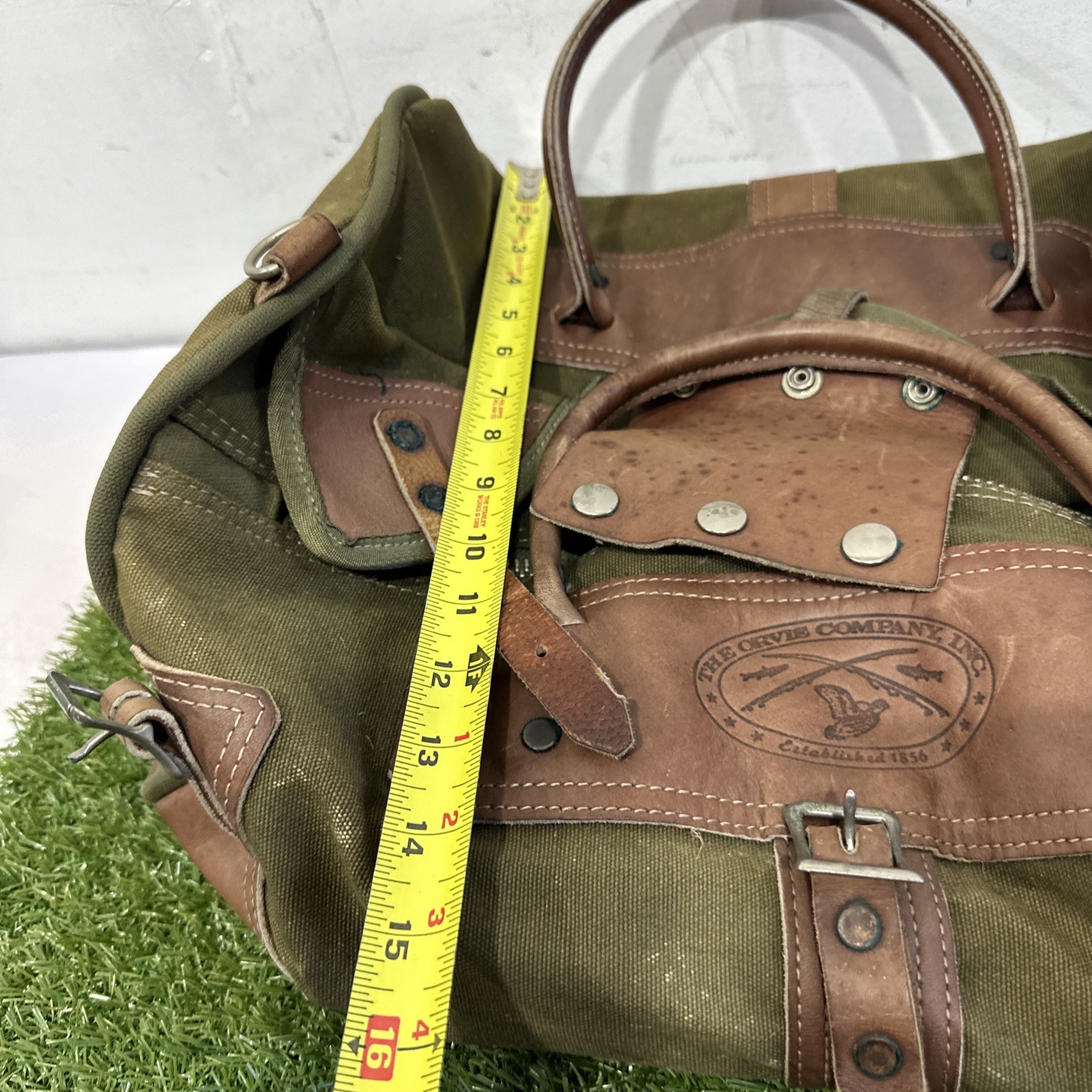 VNTG Orvis Duffle Bag Canvas Leather Green Brown Travel Weekender Luggage Large